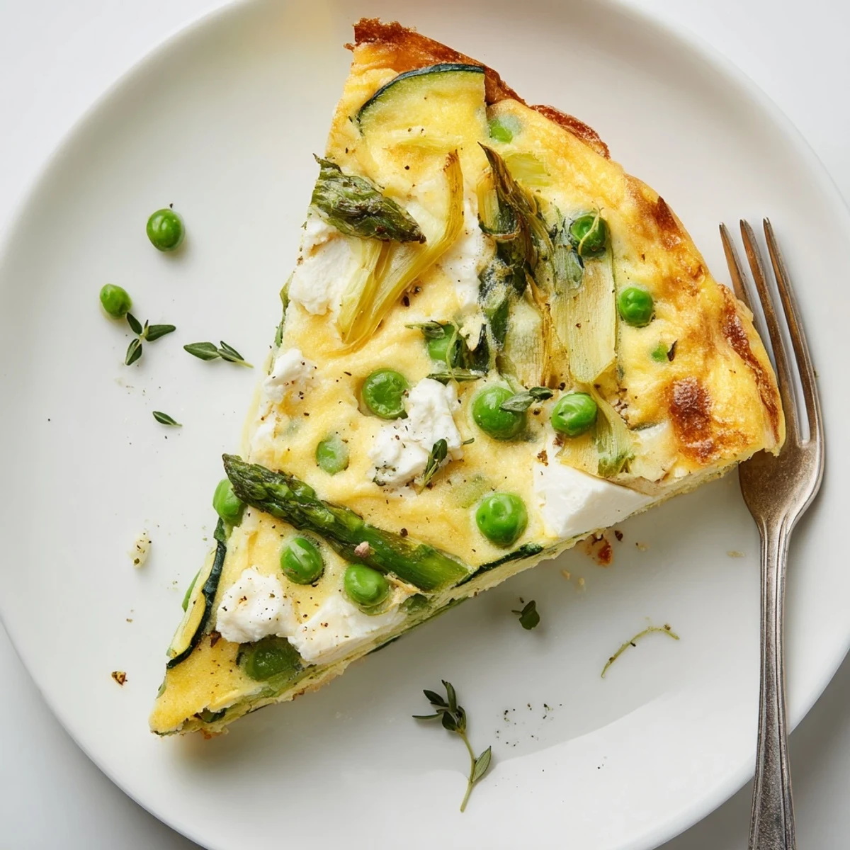 Bright Spring Vegetable Frittata With Goat Cheese garnished with thyme, creamy bites