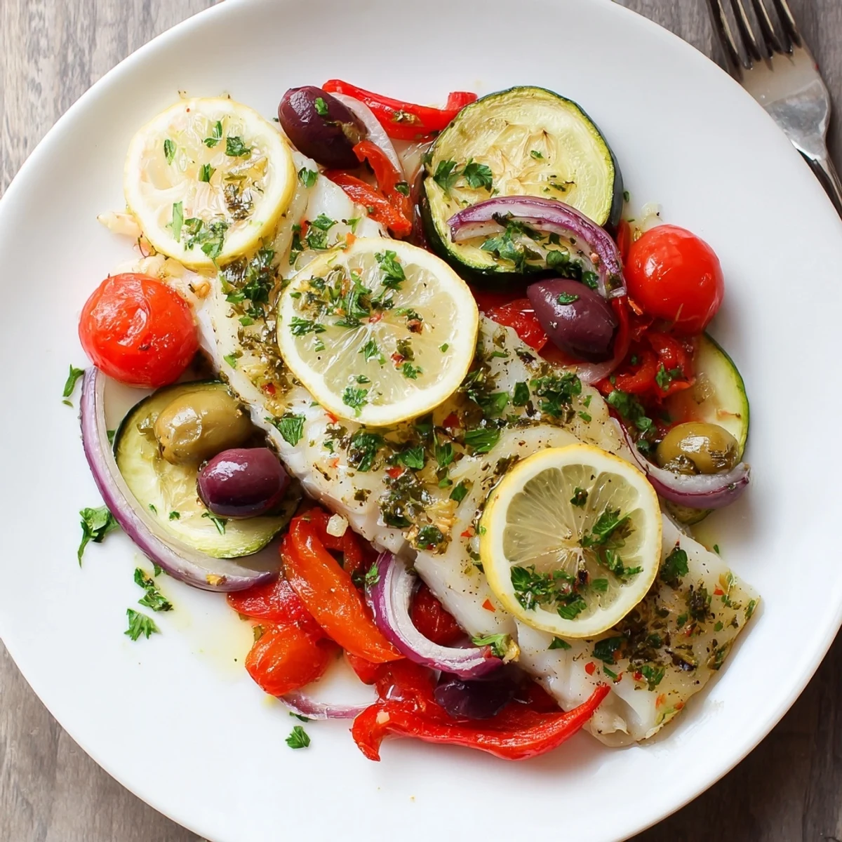 Bright Air Fryer Mediterranean Cod In Parchment Paper, lemon slices and olives  