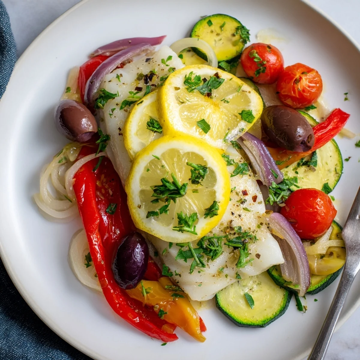 Herb-drizzled Air Fryer Mediterranean Cod In Parchment Paper served piping hot