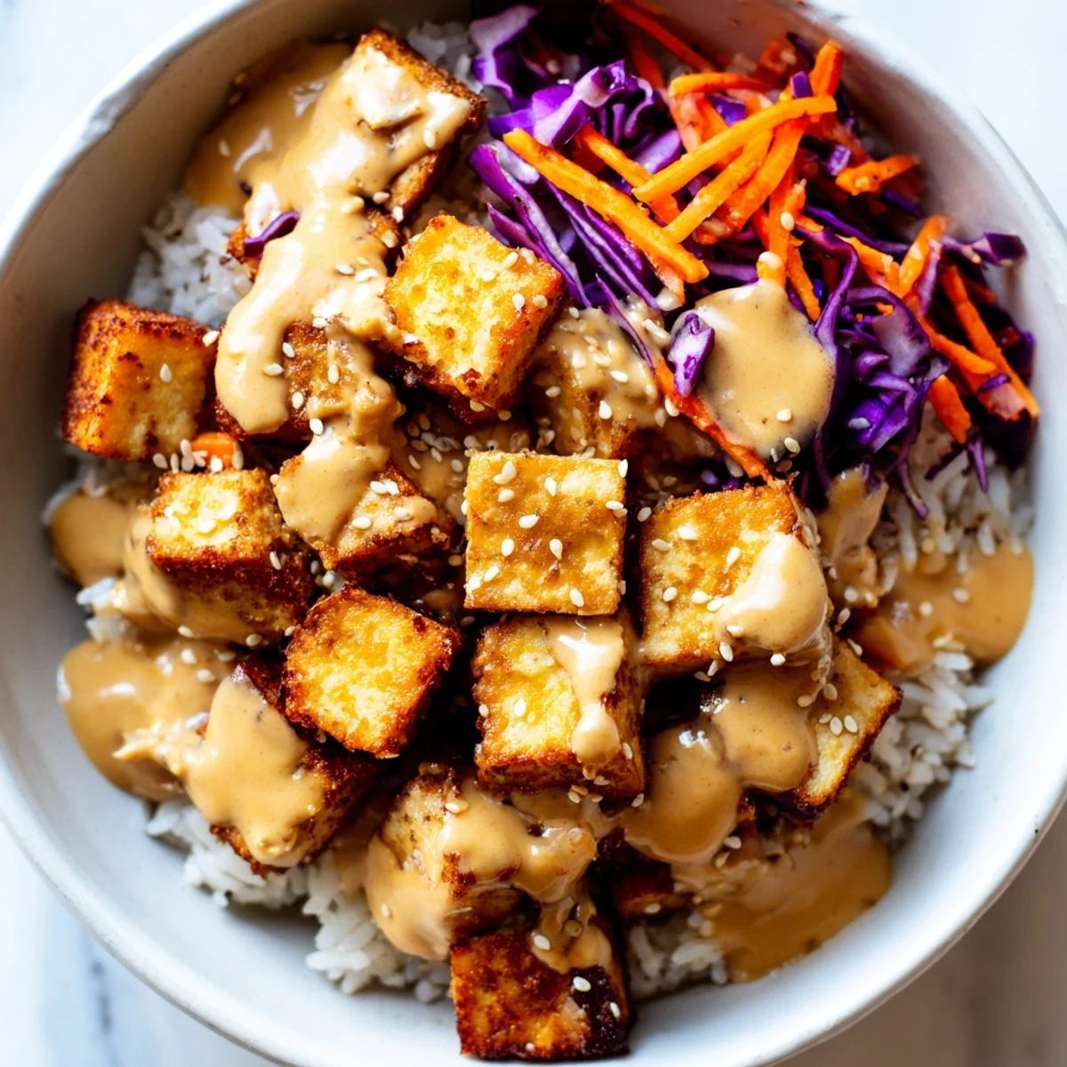 Crispy golden tofu rice bowl with peanut sauce drizzled over fresh vegetables