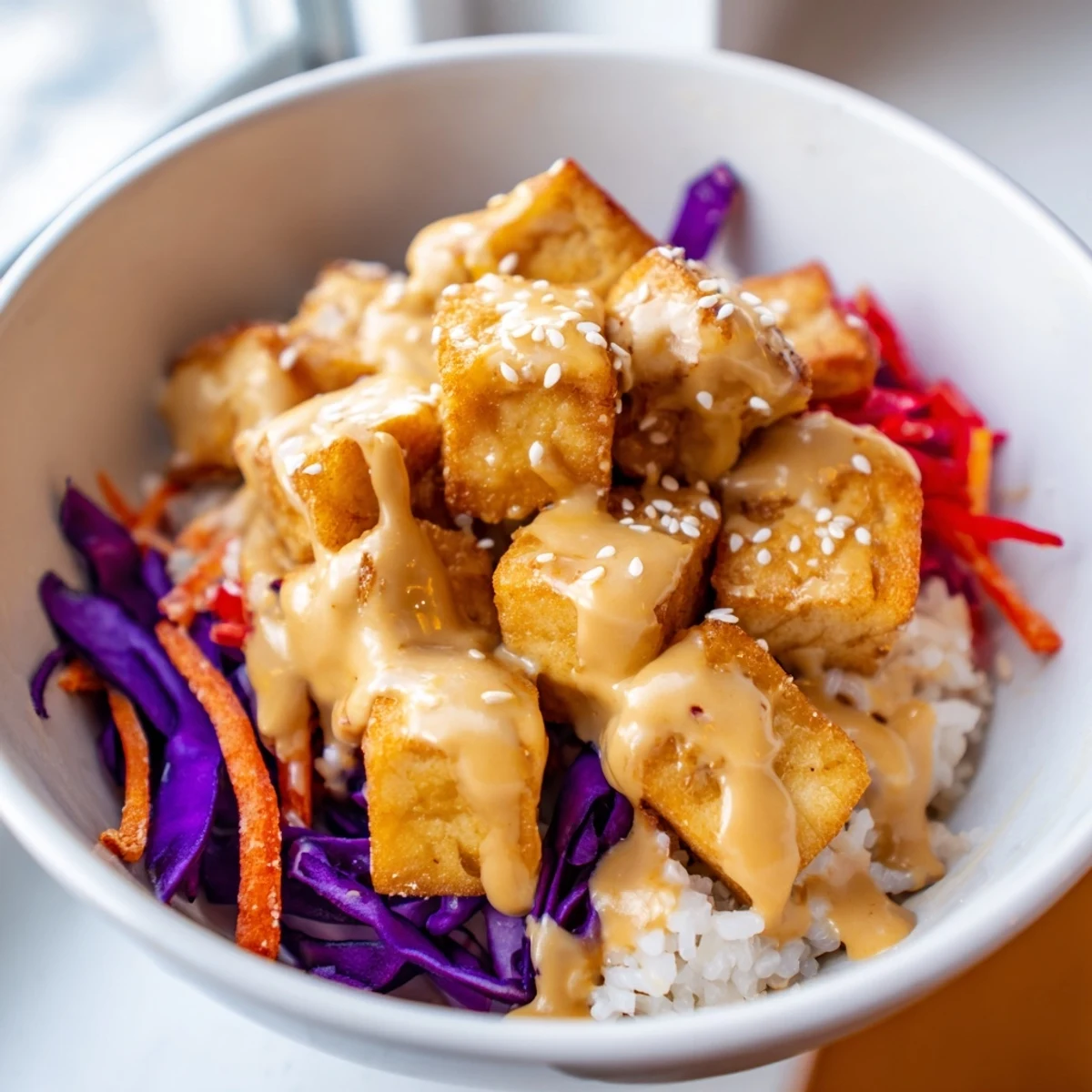 Tofu rice bowl with peanut sauce topped with colorful veggies and sesame seeds