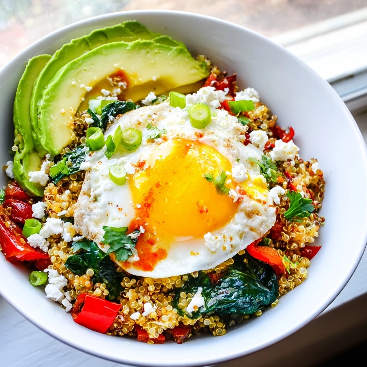 Fluffy quinoa breakfast bowl topped with a golden fried egg and colorful sautéed vegetables
