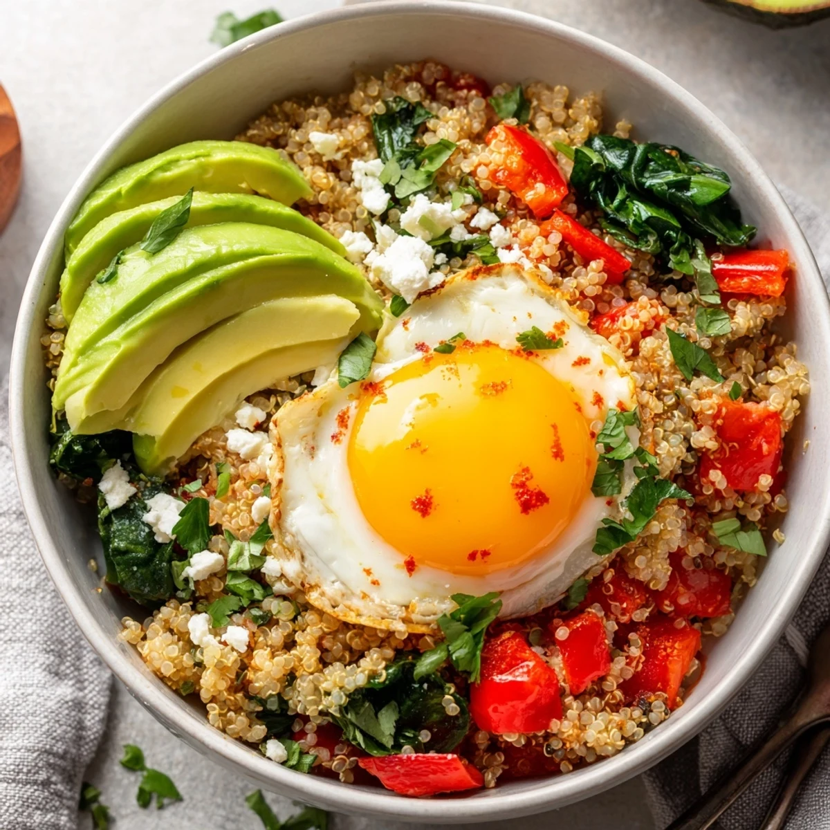 Warm savory quinoa breakfast bowl garnished with creamy avocado, crumbled feta, and fresh herbs