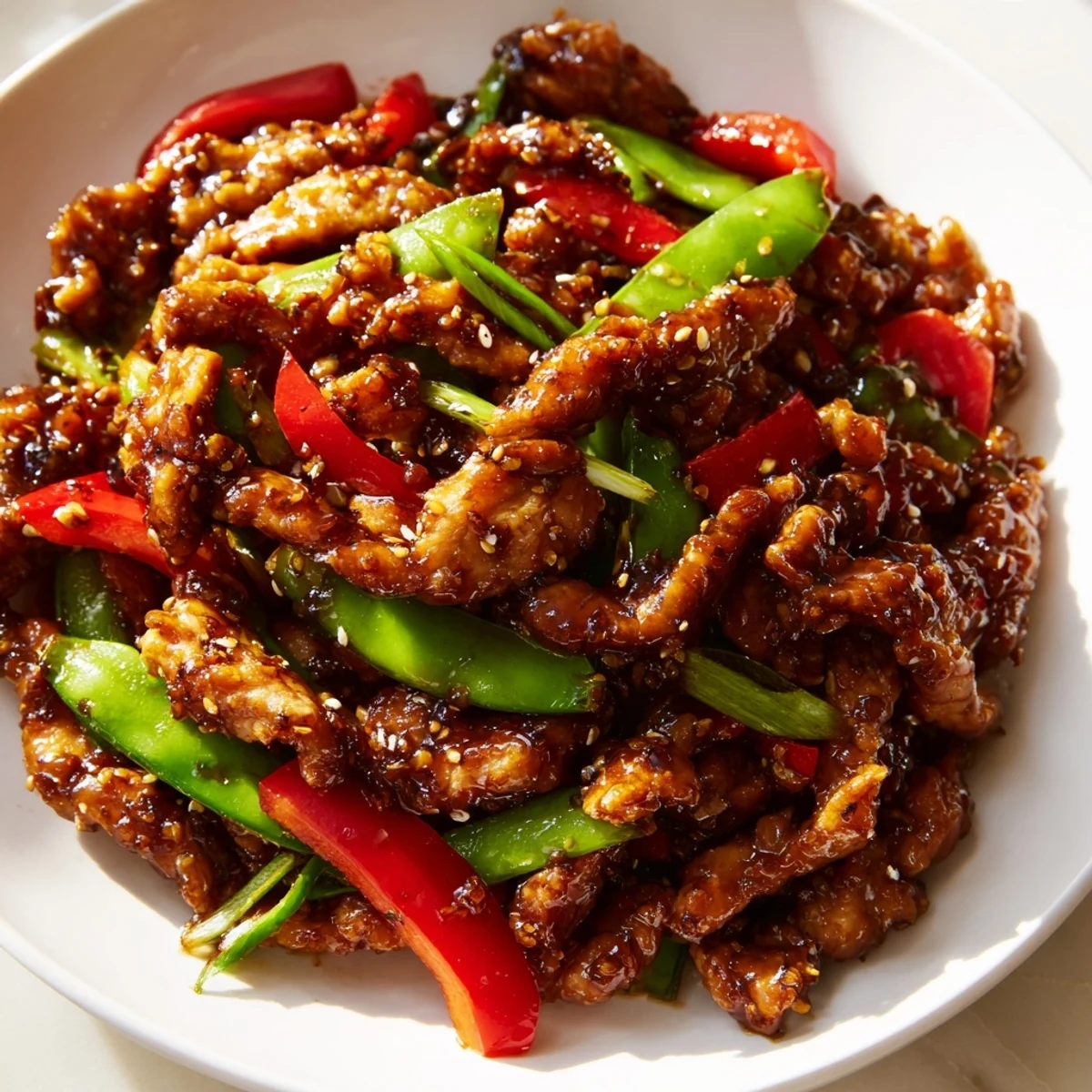 Glossy stir fried Chinese garlic chicken with crisp bell peppers and snow peas on a white plate