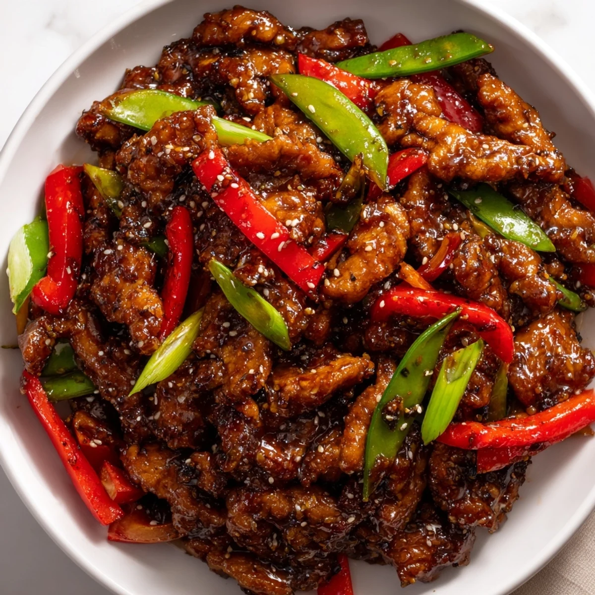 Tender stir fried Chinese garlic chicken coated in rich, golden garlic sauce with vibrant vegetables