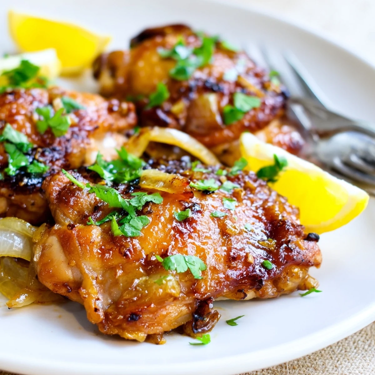 Golden ginger garlic chicken thighs baked until crispy on a sheet pan with caramelized onion