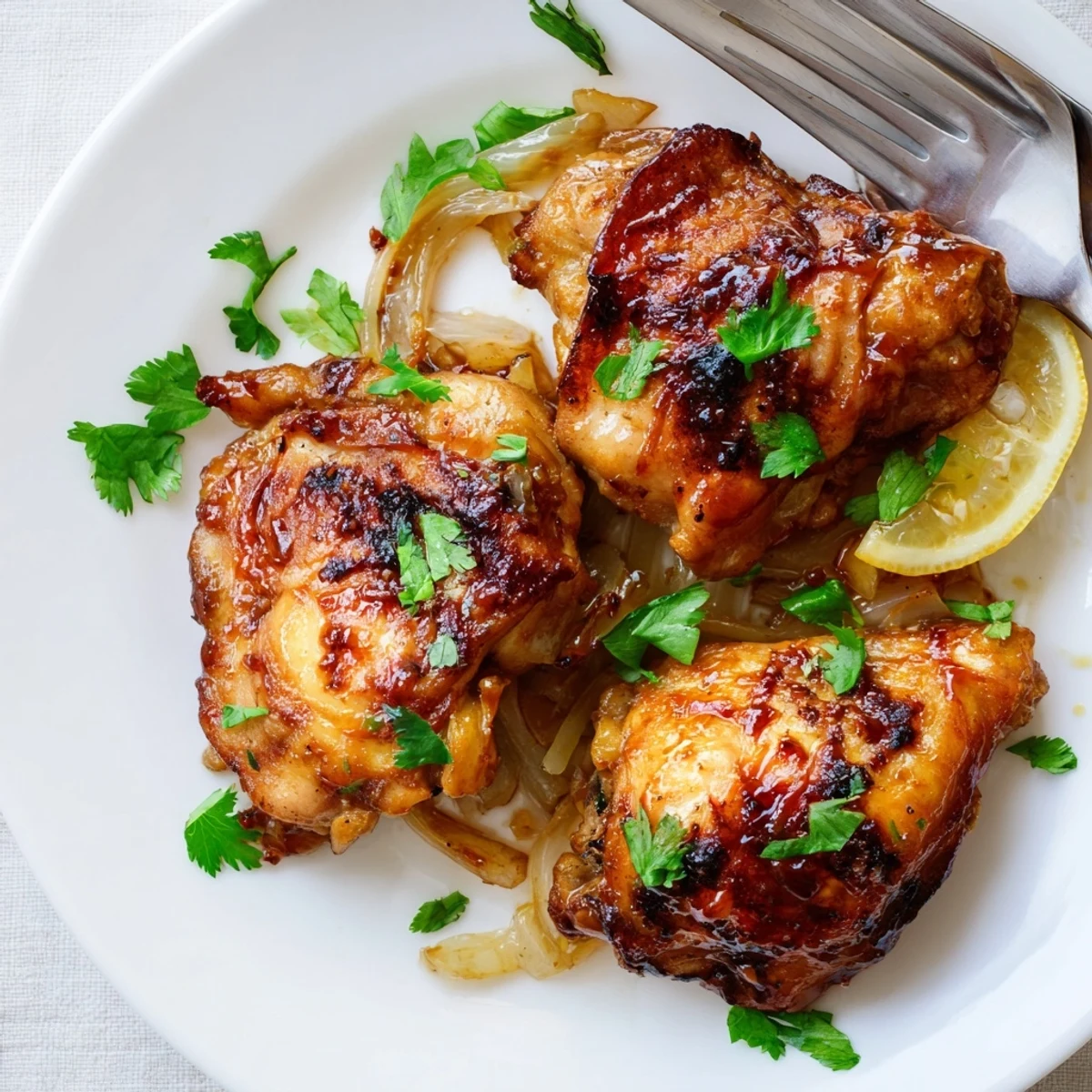 Juicy ginger garlic chicken thigh bake with glossy browned skin resting on lemon slices