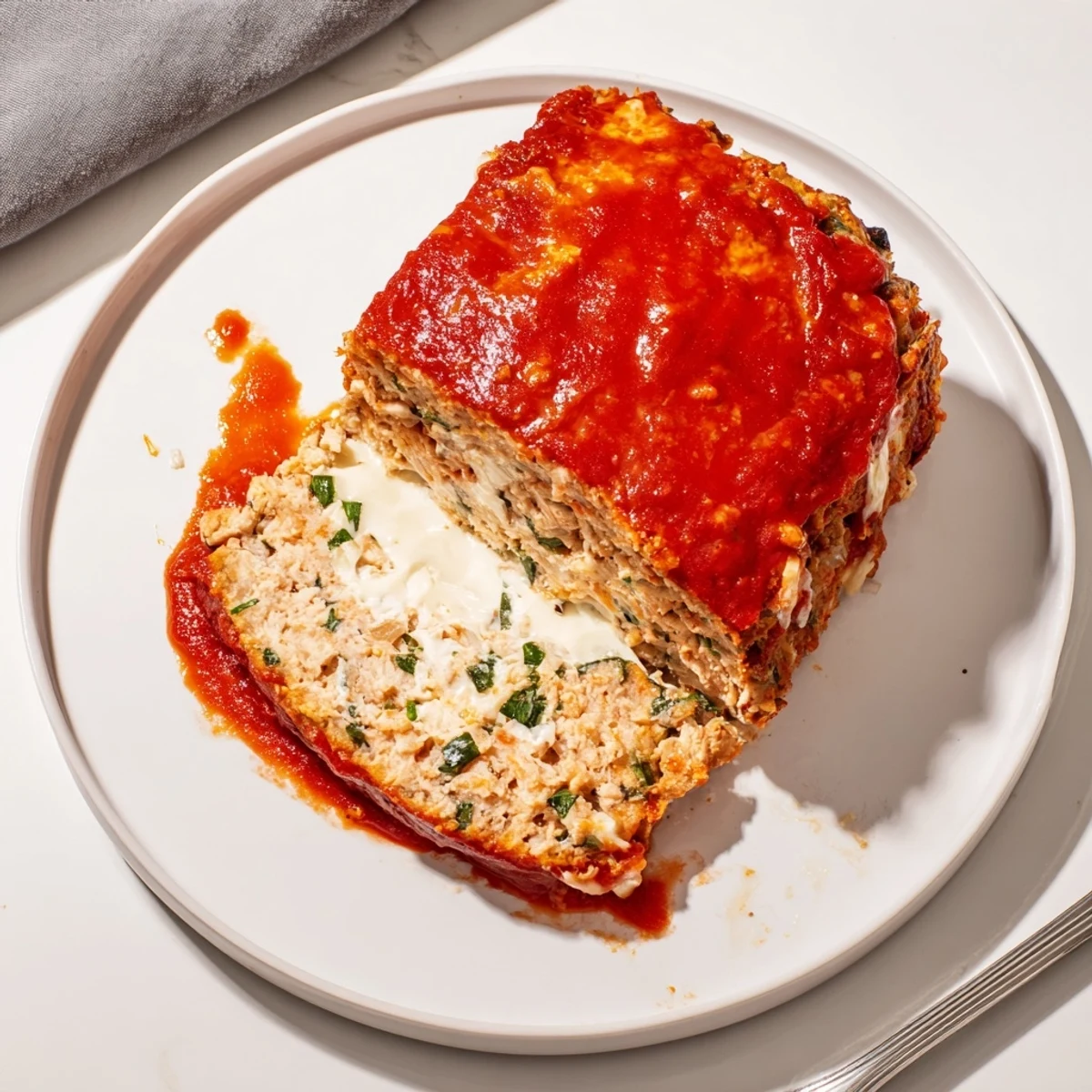 Golden Parmesan chicken meatloaf sliced thick and topped with rich marinara sauce