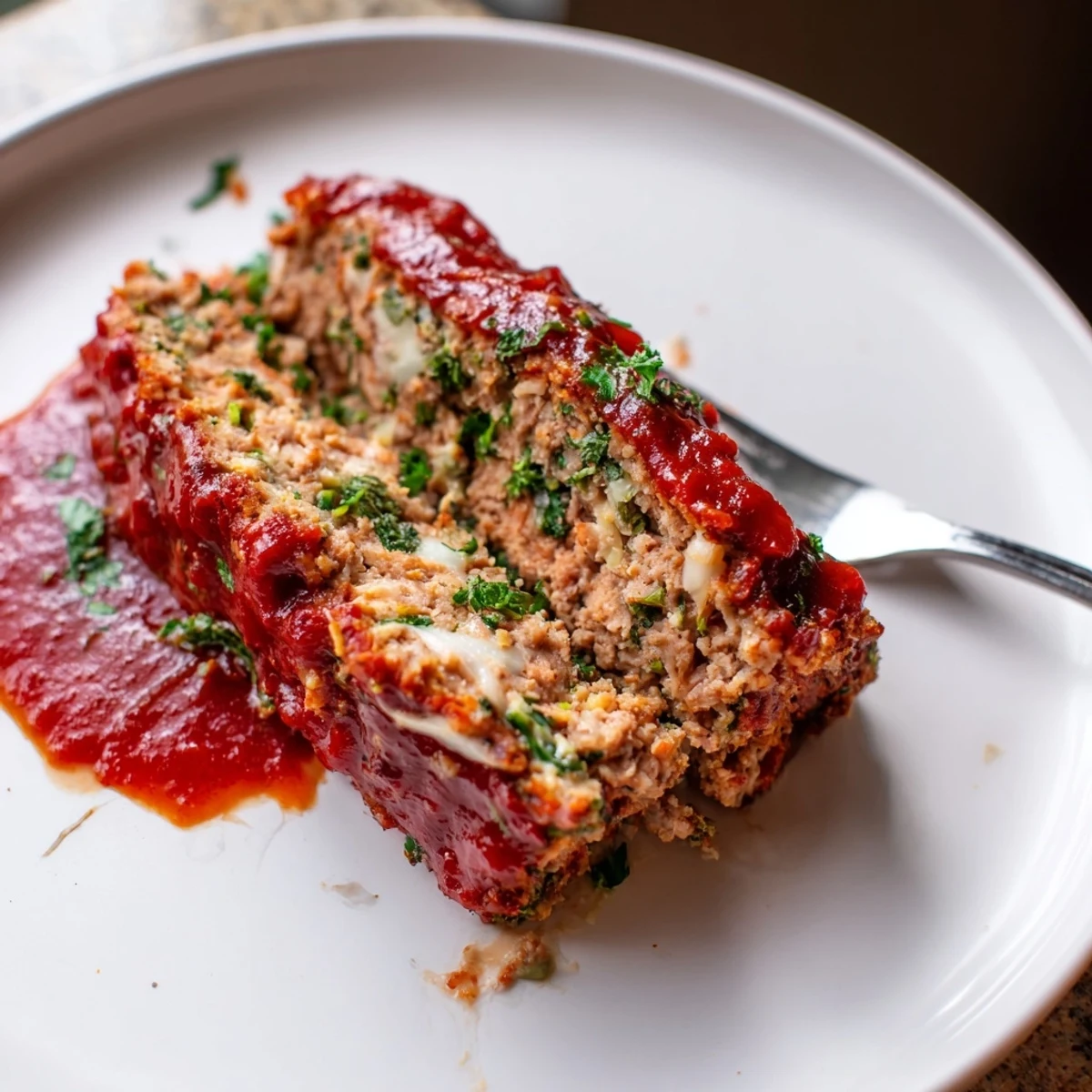 Juicy Parmesan chicken meatloaf fresh from the oven with melted mozzarella cheese