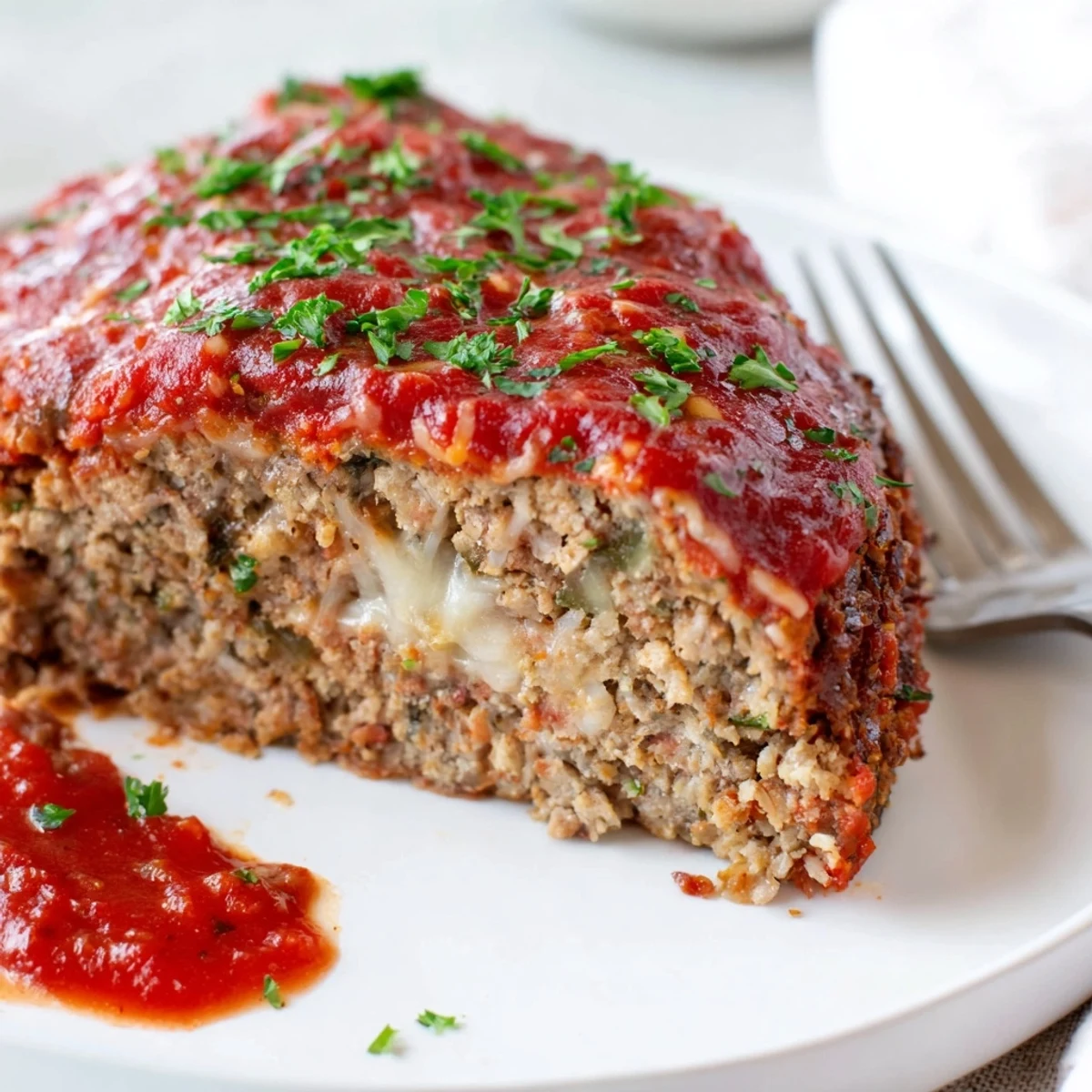 Hearty Parmesan chicken meatloaf garnished with fresh parsley and served on a rustic plate