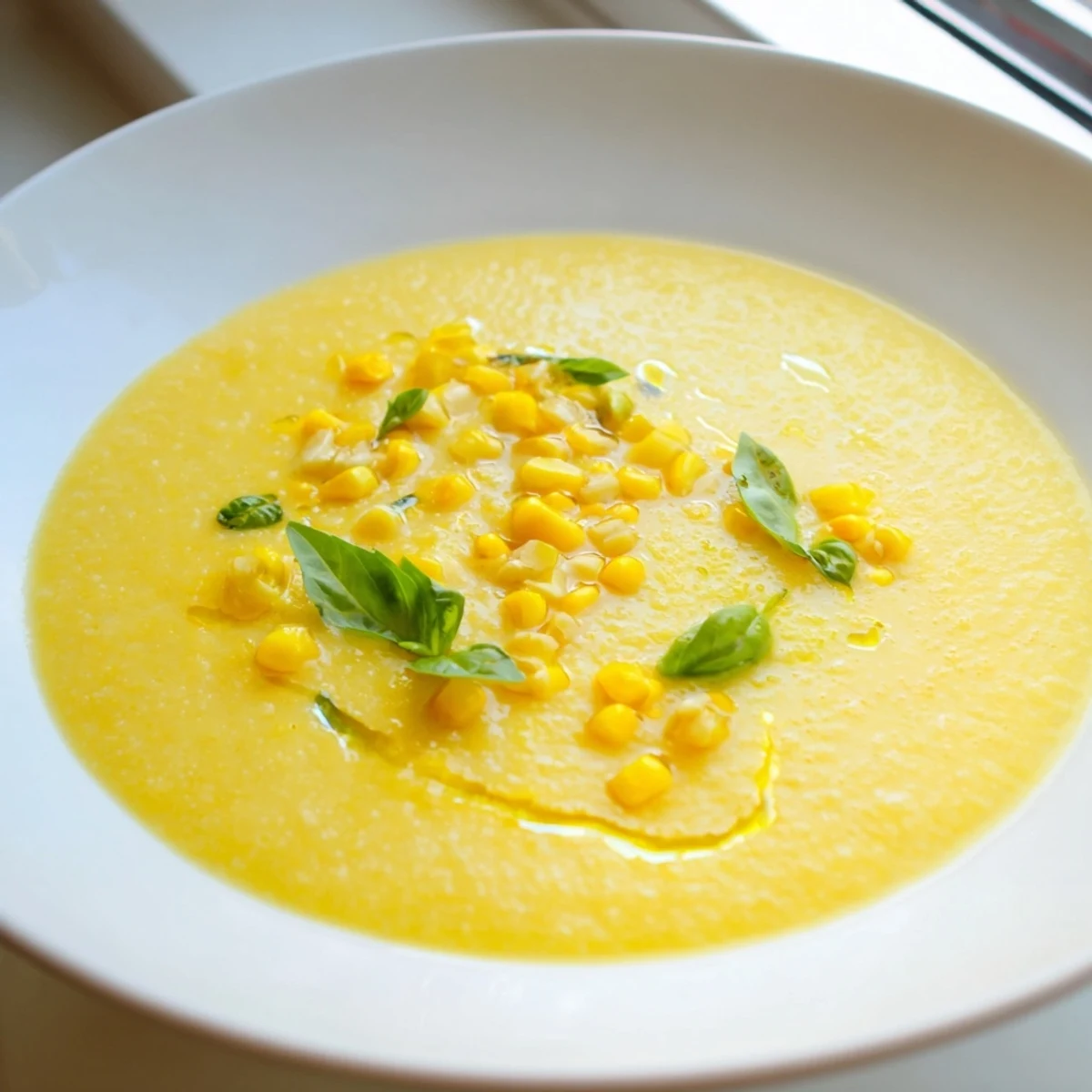 Creamy Summer Sweet Corn Gazpacho served chilled in a rustic bowl with fresh basil garnish