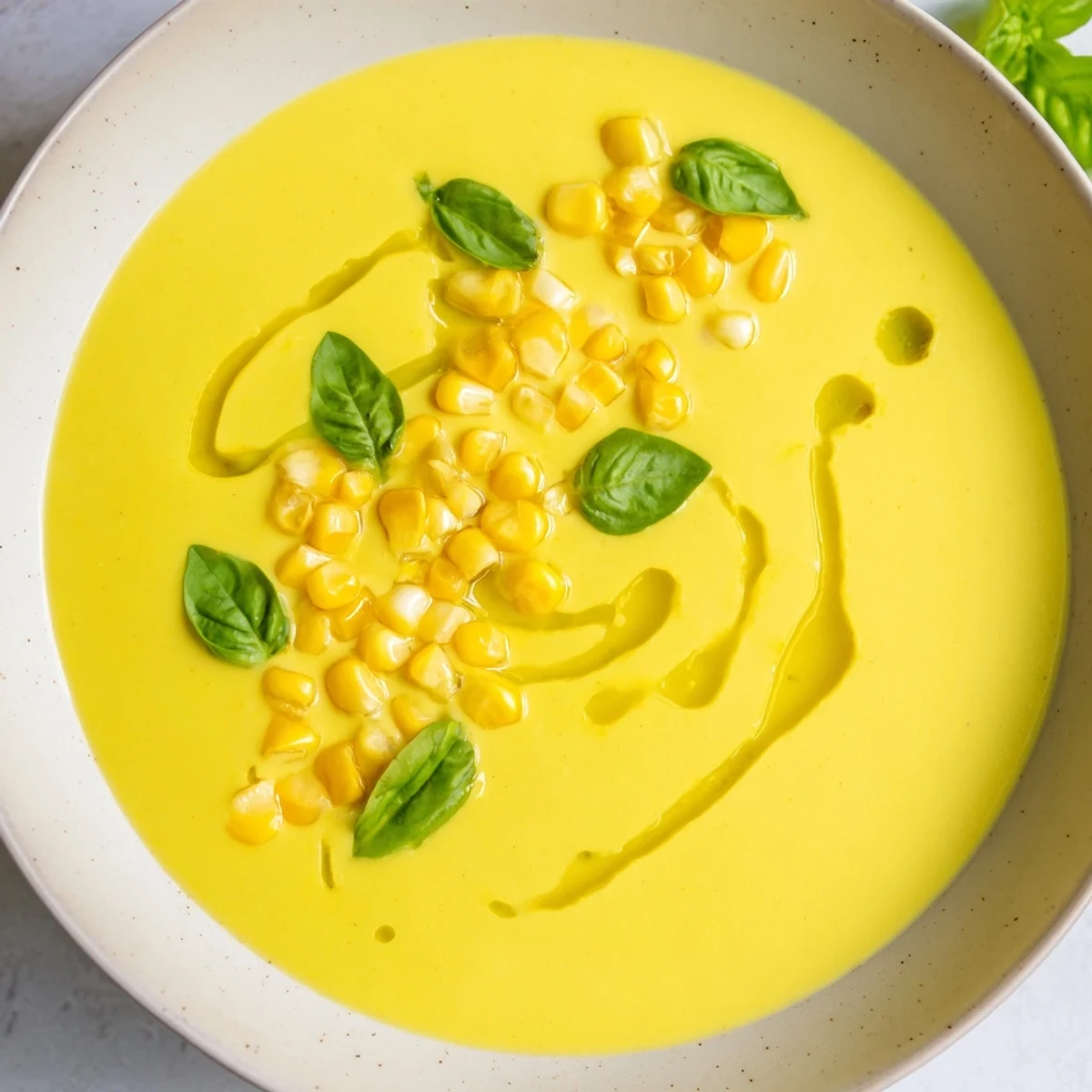 Golden Summer Sweet Corn Gazpacho topped with raw corn kernels and a drizzle of olive oil