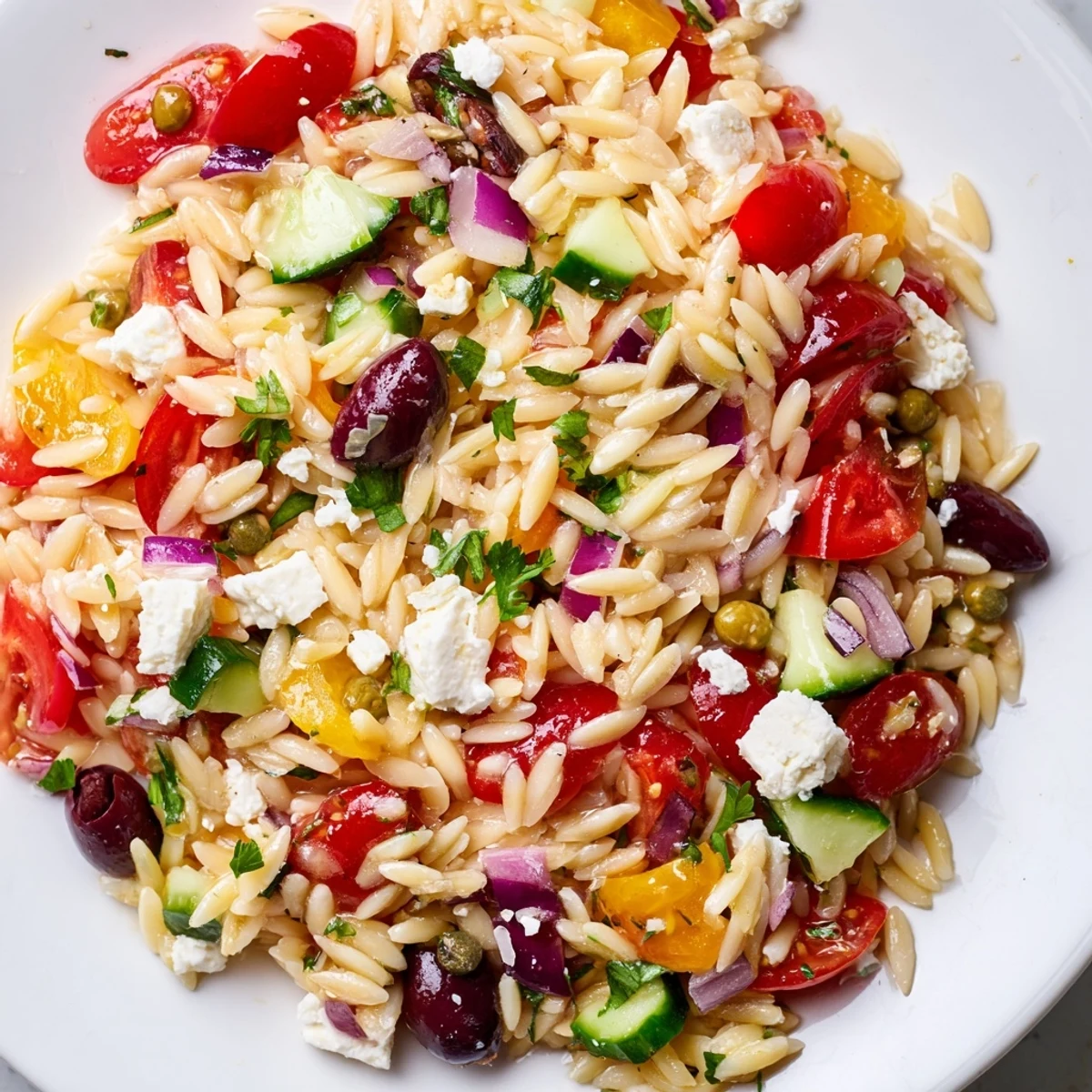 Colorful Mediterranean Orzo Pasta Salad with juicy tomatoes and crumbled feta in a bowl