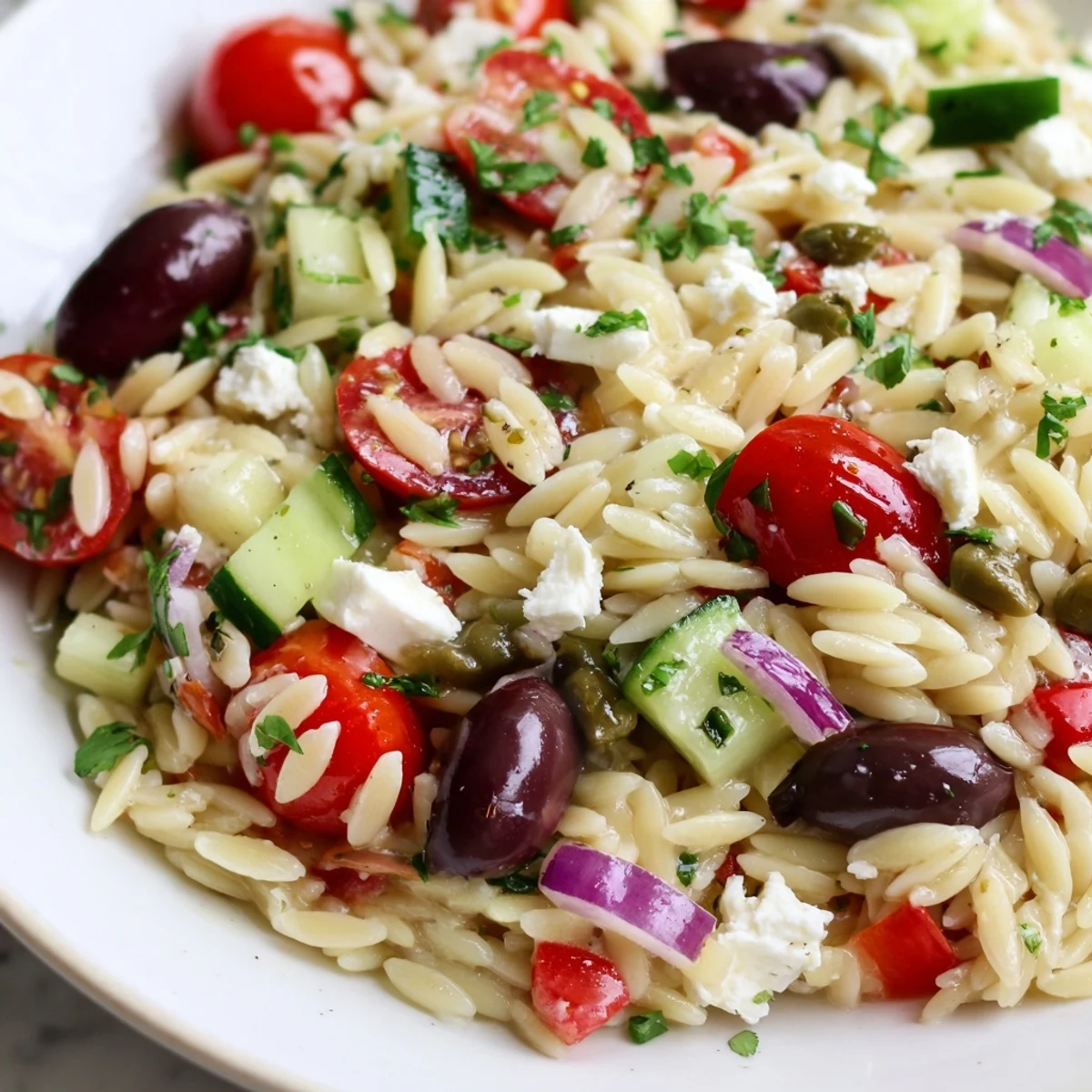 Creamy feta and Kalamata olives coat every bite of this Mediterranean Orzo Pasta Salad