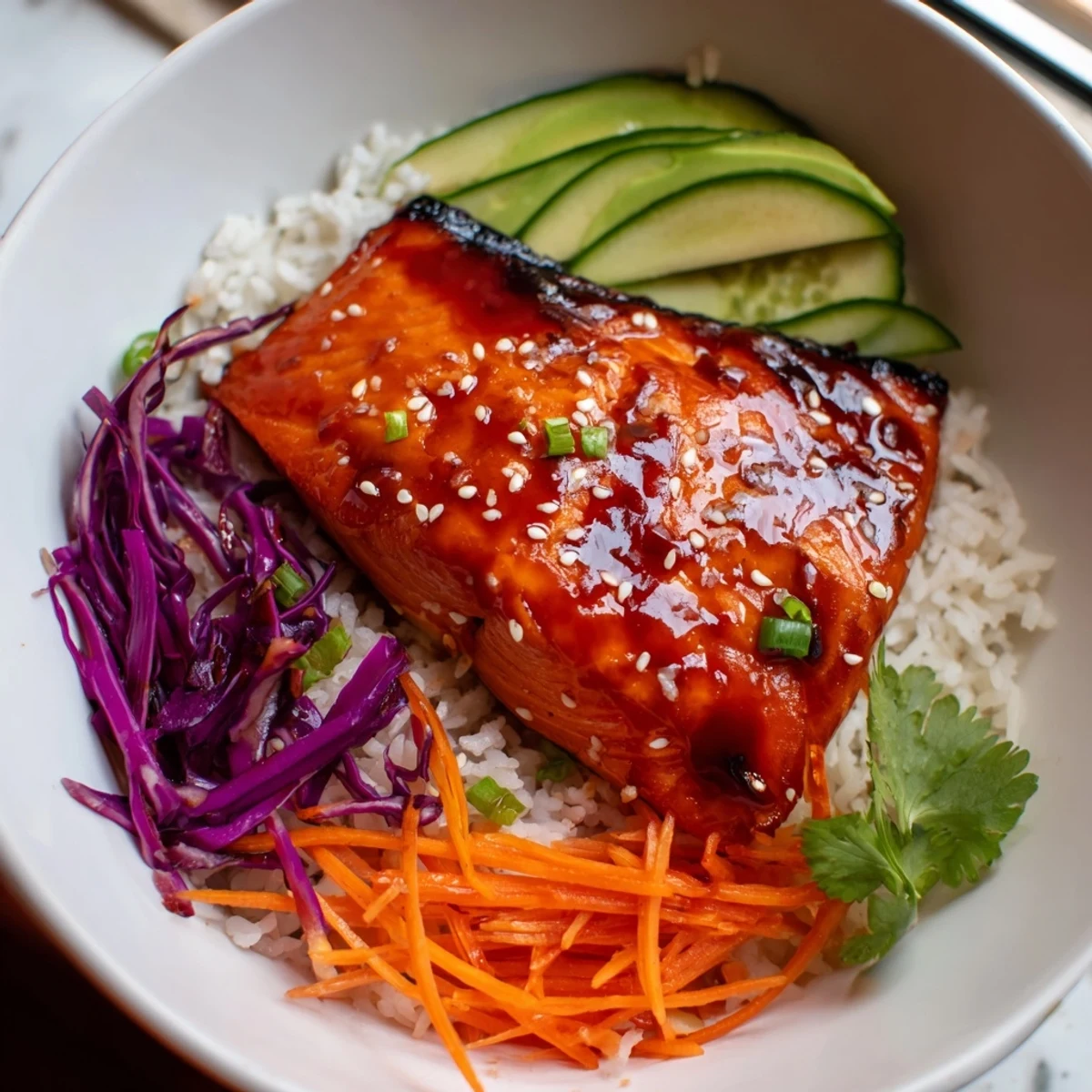 Sriracha Honey Glazed Salmon Bowls with glossy fish atop fluffy jasmine rice