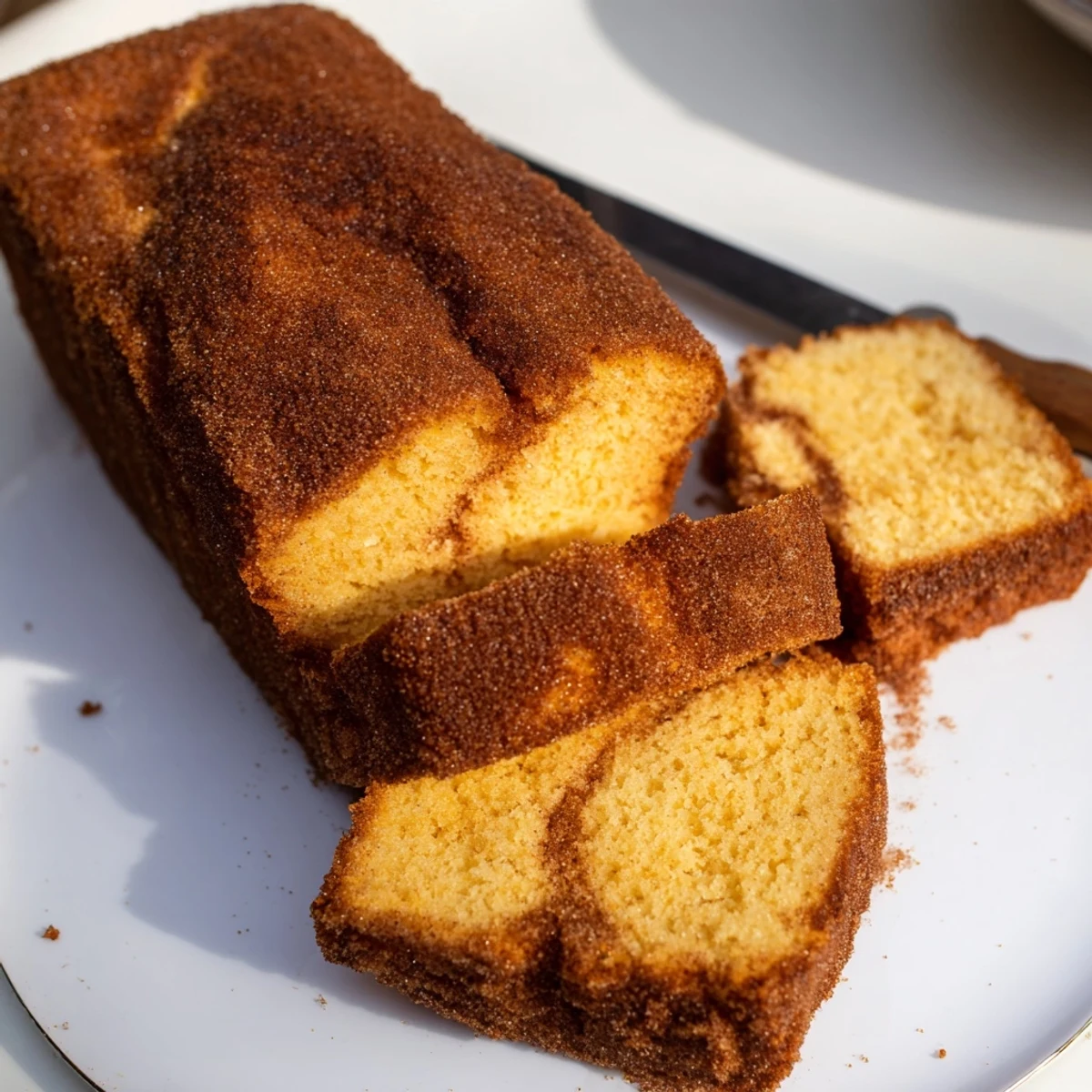 Golden cinnamon donut loaf sliced thick with a sparkling cinnamon sugar crust on a rustic wooden board