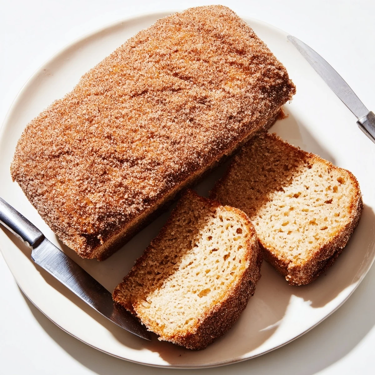 Moist cinnamon donut loaf fresh from the oven gleaming with melted butter and sweet spiced topping