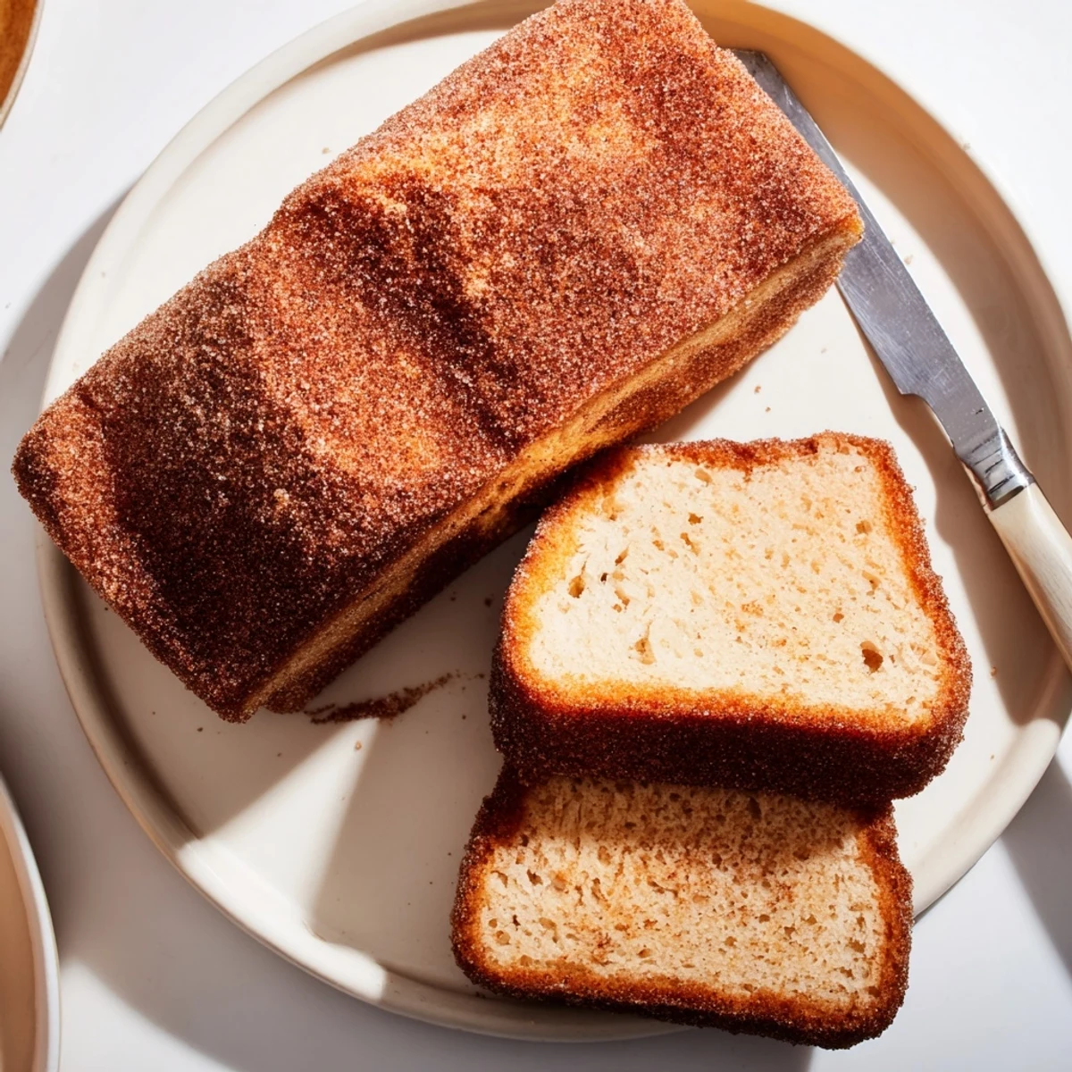 Warm cinnamon donut loaf boasting a tender buttery crumb topped with generous cinnamon sugar coating