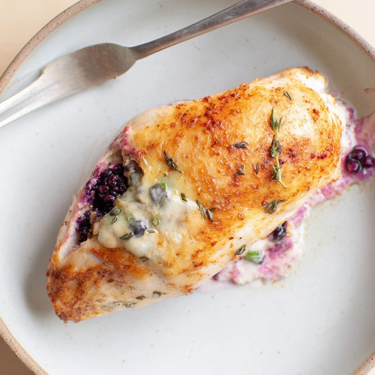 Juicy Blackberry Jalapeno Stuffed Chicken fresh from the oven, oozing with creamy purple filling