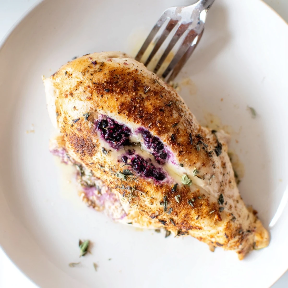 Golden baked Blackberry Jalapeno Stuffed Chicken sliced open to reveal melty cream cheese and berries