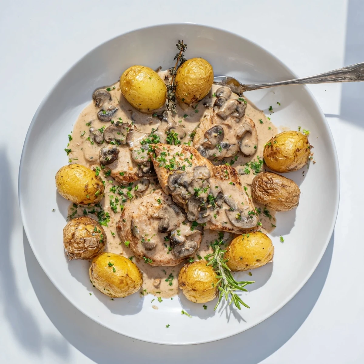 Creamy mushroom chicken with golden herb potatoes on a rustic white plate