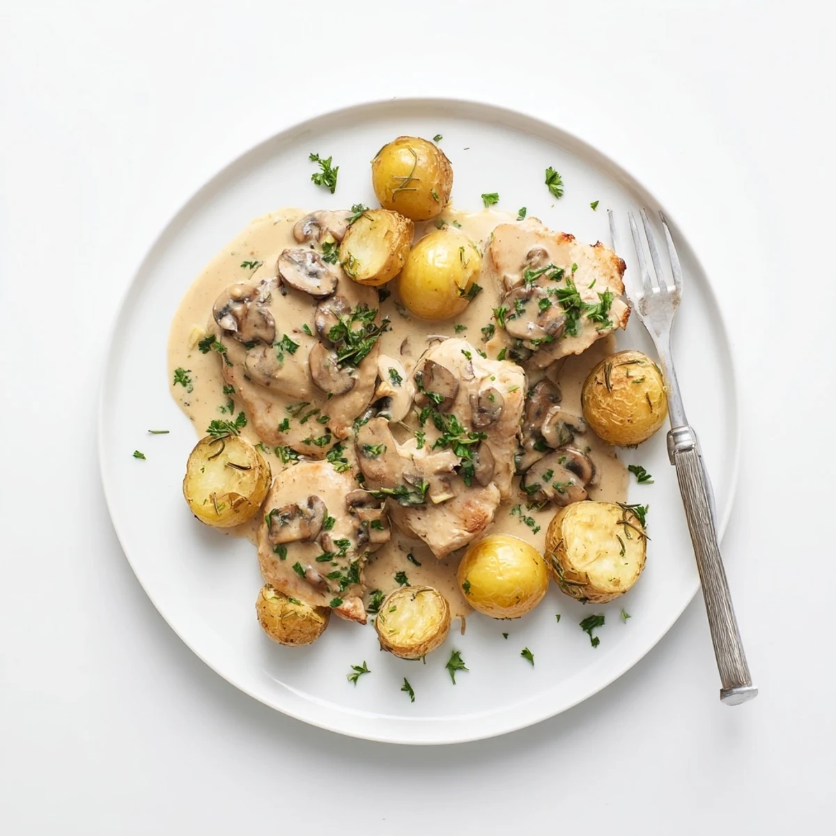 Crispy herb-roasted baby potatoes served alongside creamy mushroom chicken in a cast iron skillet