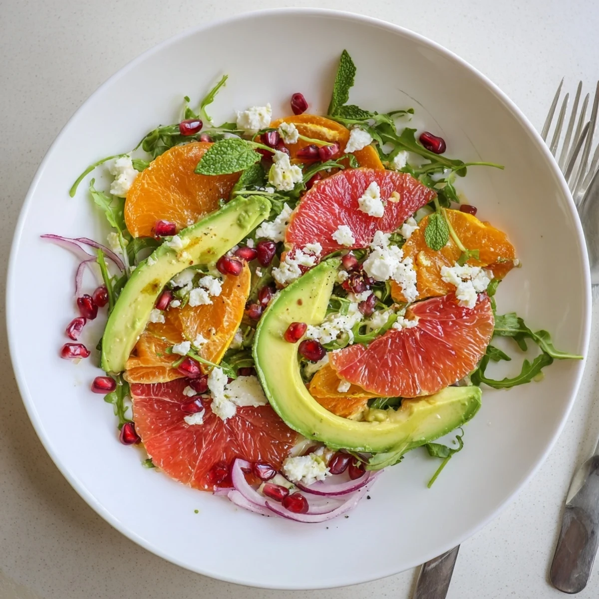 Bright citrus salad with pomegranate jewels, creamy avocado, and crumbled feta on a platter