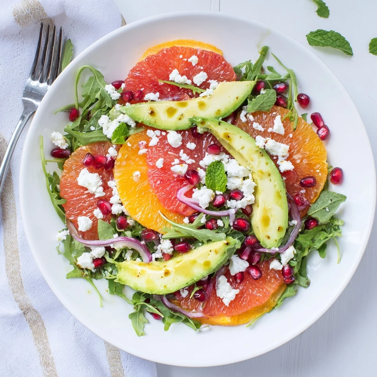 Juicy orange and grapefruit slices topped with pomegranate seeds, avocado, and tangy feta cheese