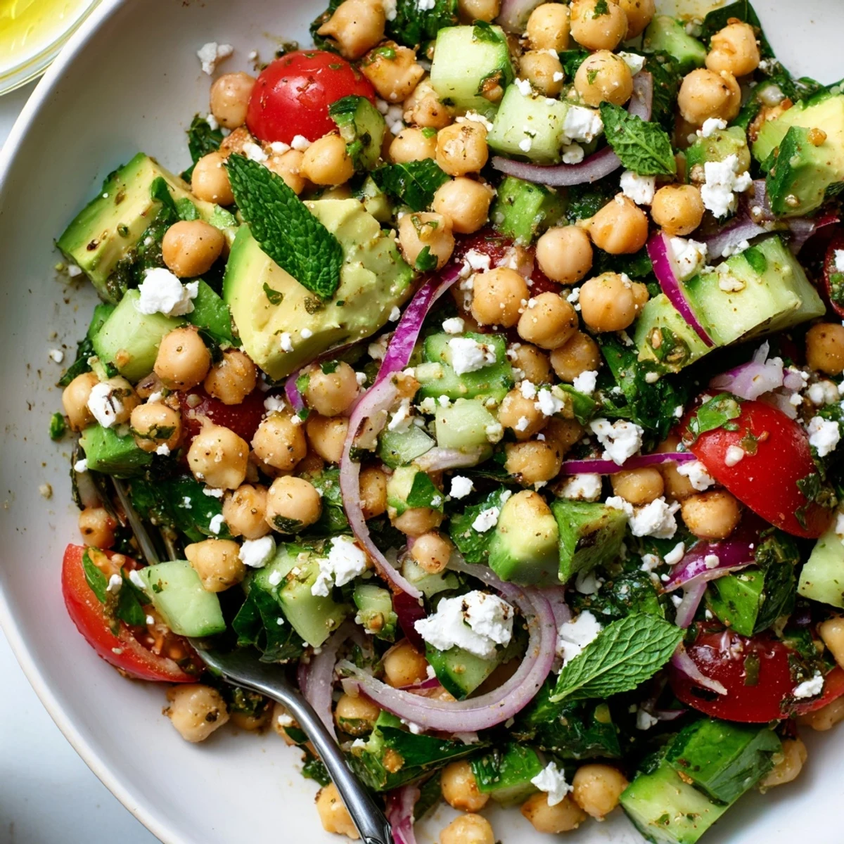 Bright chickpea feta avocado salad topped with crumbled cheese, tomatoes, and fresh herbs
