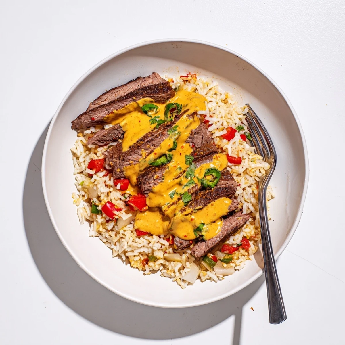 Creamy steak queso rice drizzled with melted cheese in a cast iron skillet