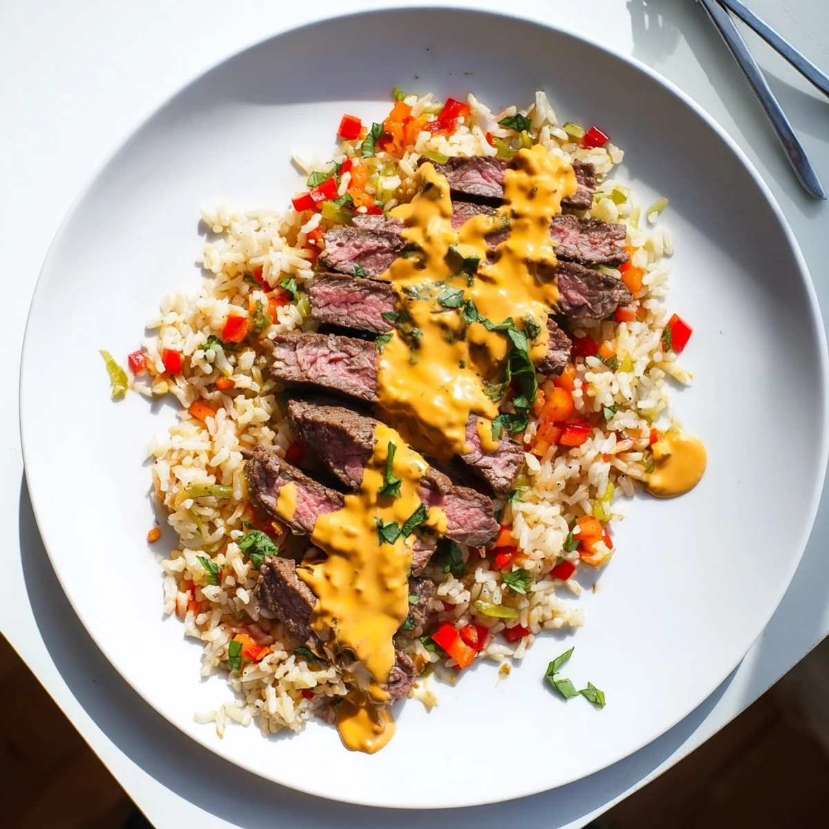 Hearty steak queso rice served in a white bowl with warm queso