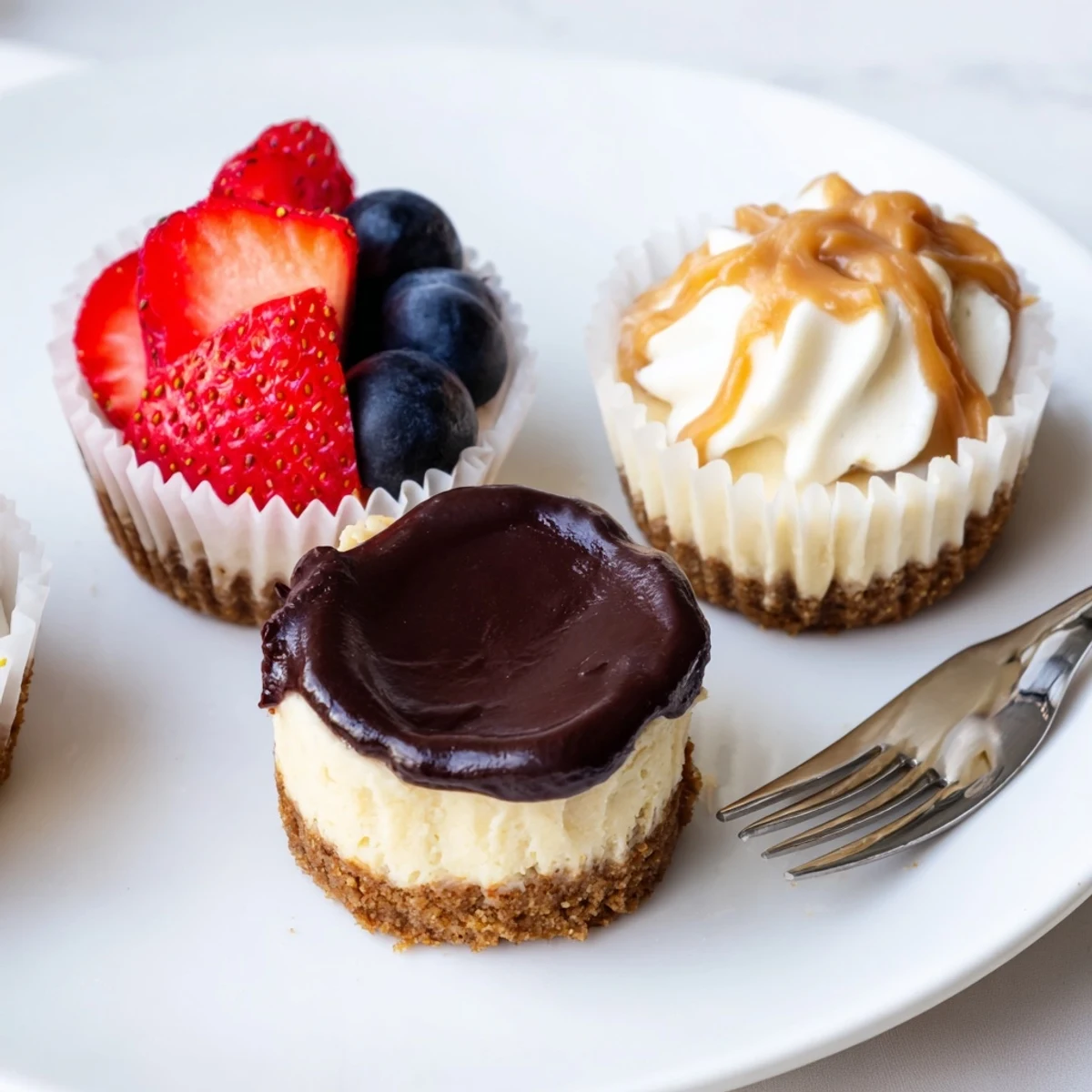 Individual mini cheesecakes drizzled with caramel and crowned with fluffy whipped cream