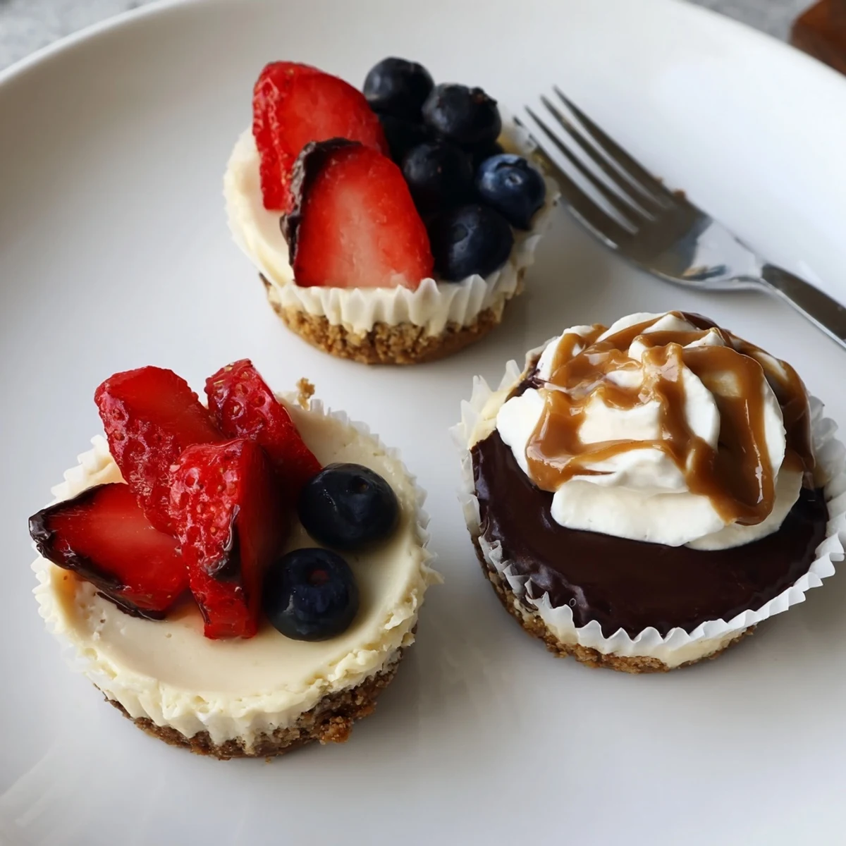 Creamy mini cheesecakes topped with fresh berries on a rustic baking sheet
