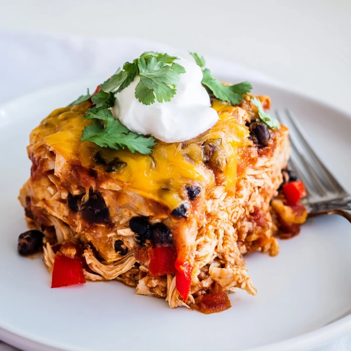 Golden bubbling chicken burrito casserole fresh from the oven with melted cheese