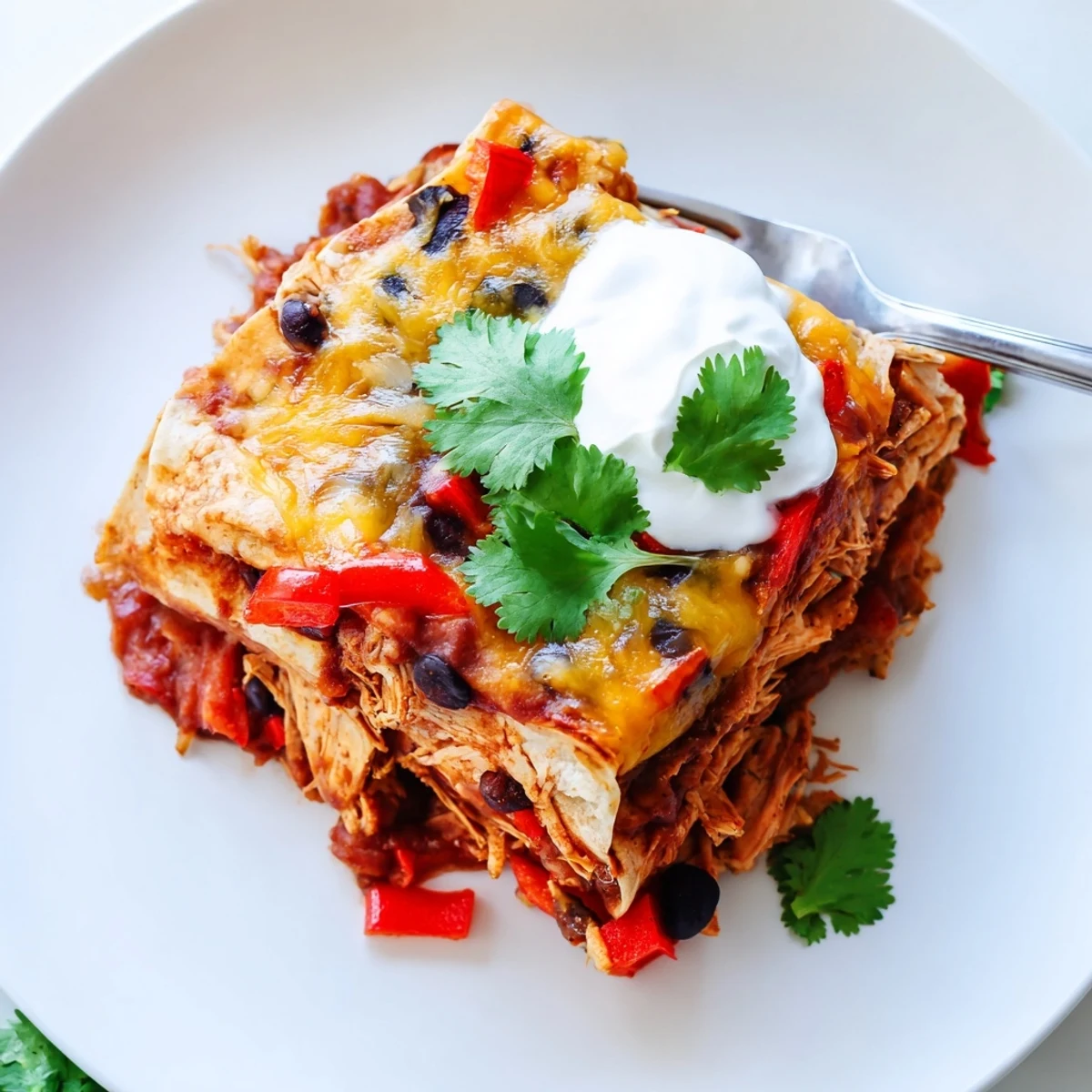 Creamy chicken burrito casserole topped with sour cream and fresh cilantro