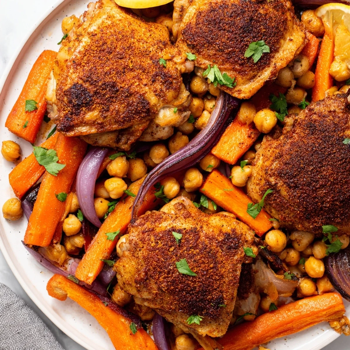 Golden sumac chicken with carrots and chickpeas roasted on a sheet pan