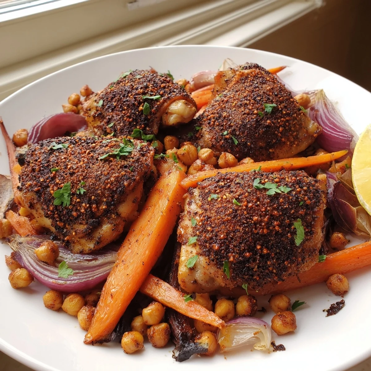 Juicy sumac chicken served over tender roasted carrots and crispy chickpeas
