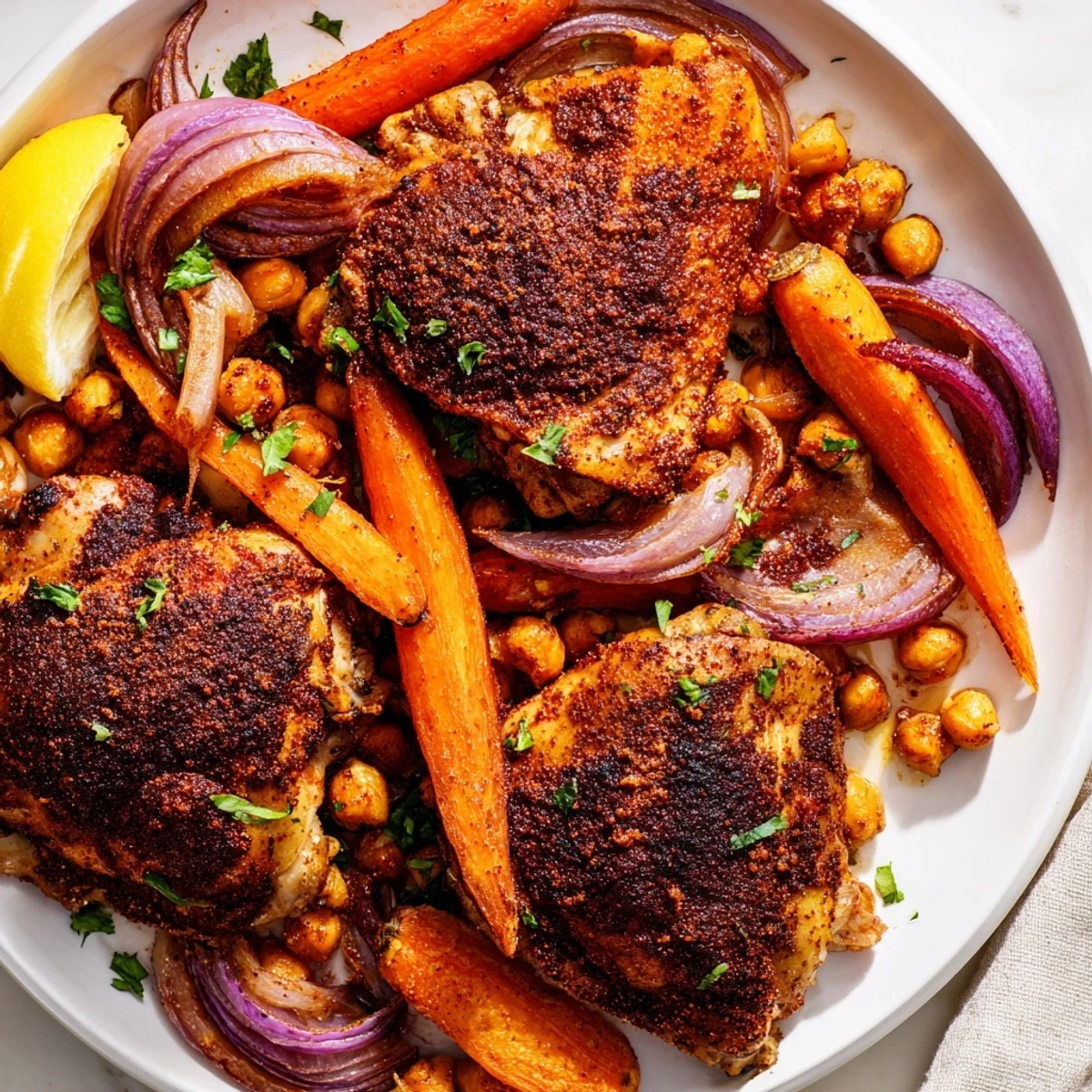 Tangy sumac chicken with caramelized carrots and chickpeas garnished with fresh parsley