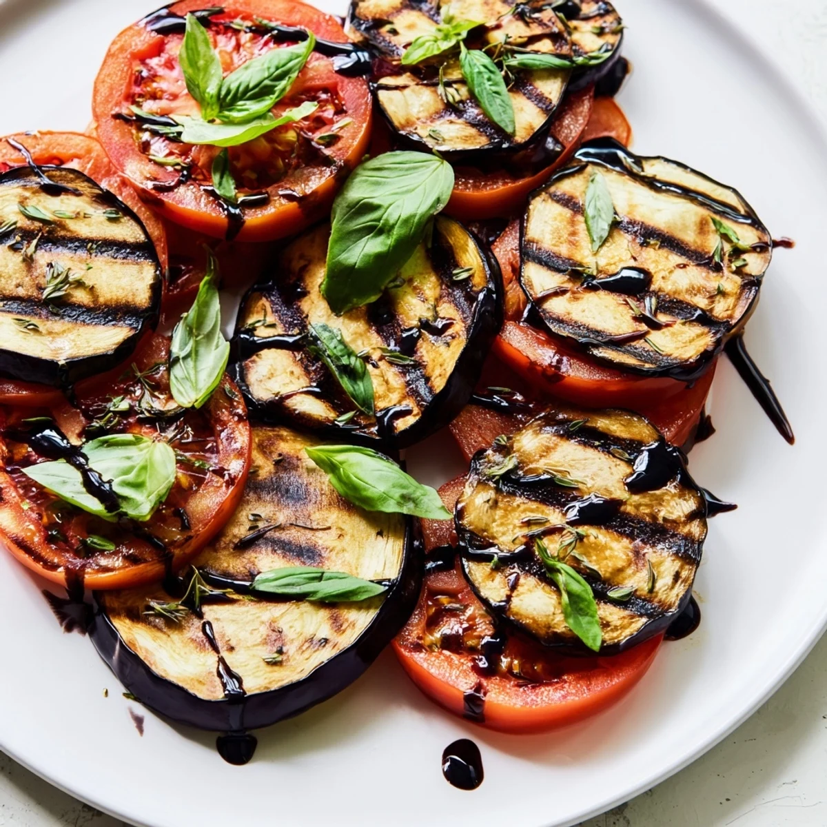 Smoky grilled tomato eggplant layered on a platter with fresh basil and balsamic drizzle