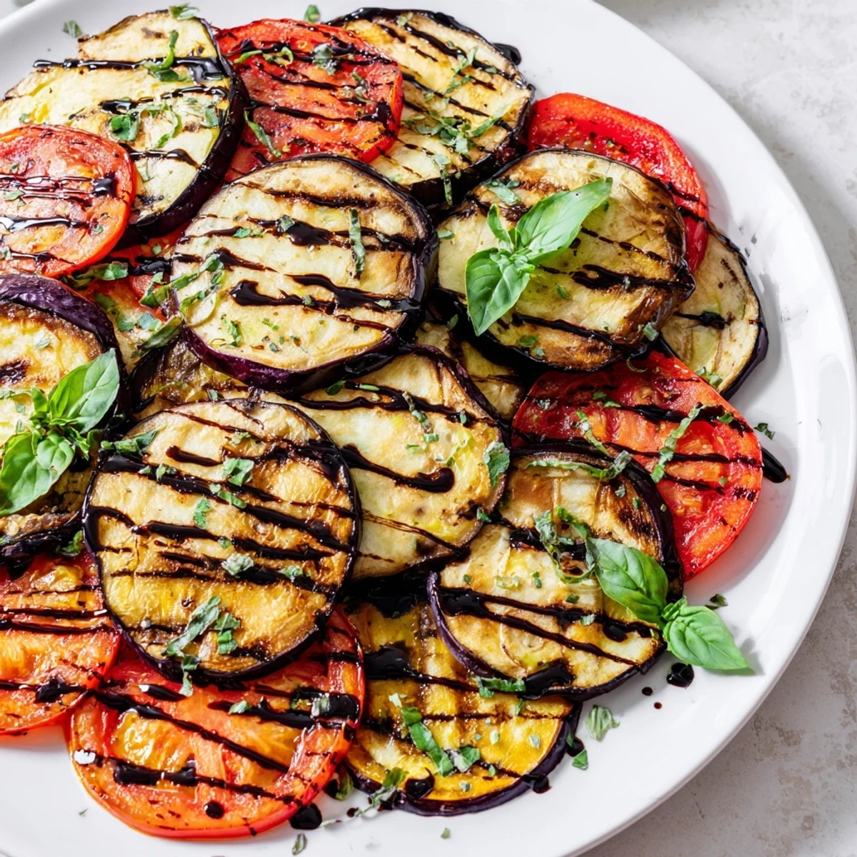 Golden grilled tomato eggplant slices arranged on a rustic dish, drizzled with rich balsamic glaze