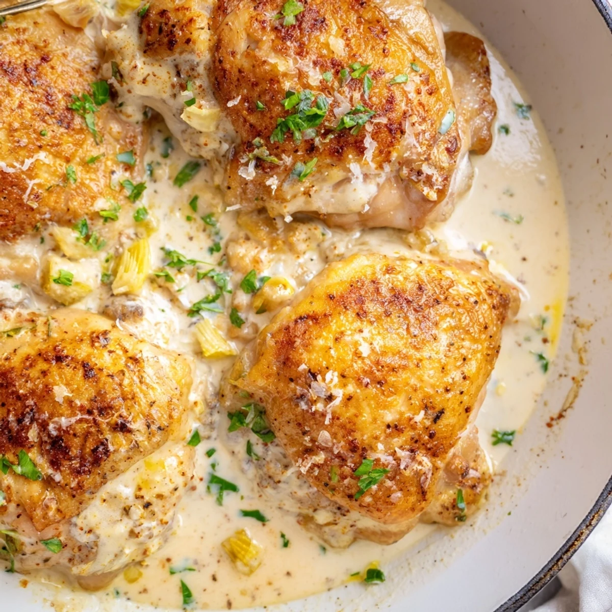 Golden creamy oven baked chicken thighs swimming in a garlic parmesan herb sauce