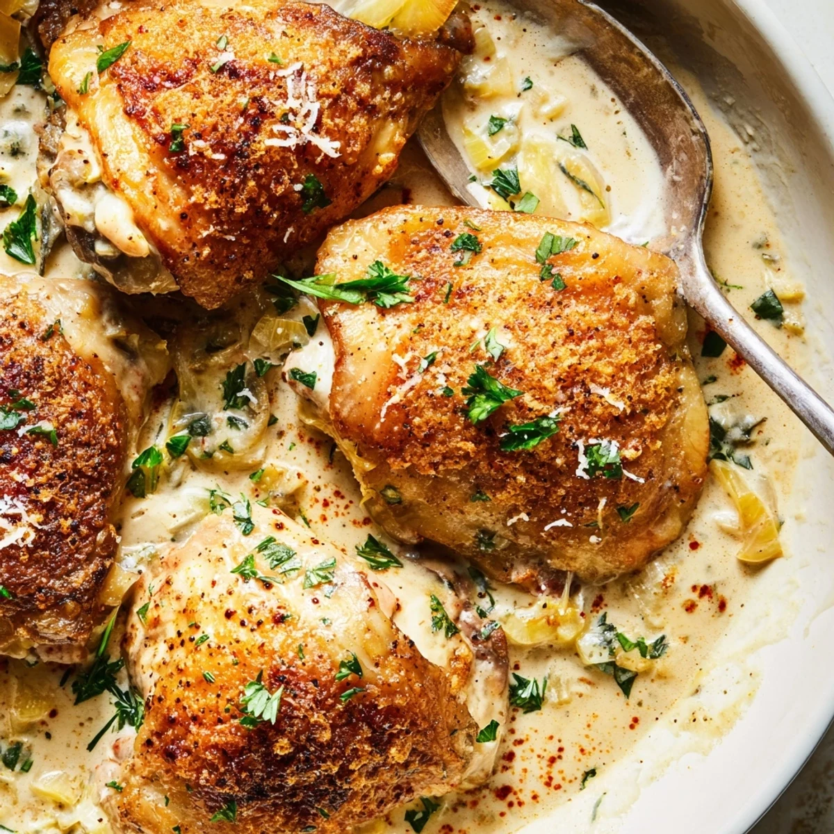 Crispy-skinned creamy oven baked chicken thighs nestled in a bubbling rich cream sauce