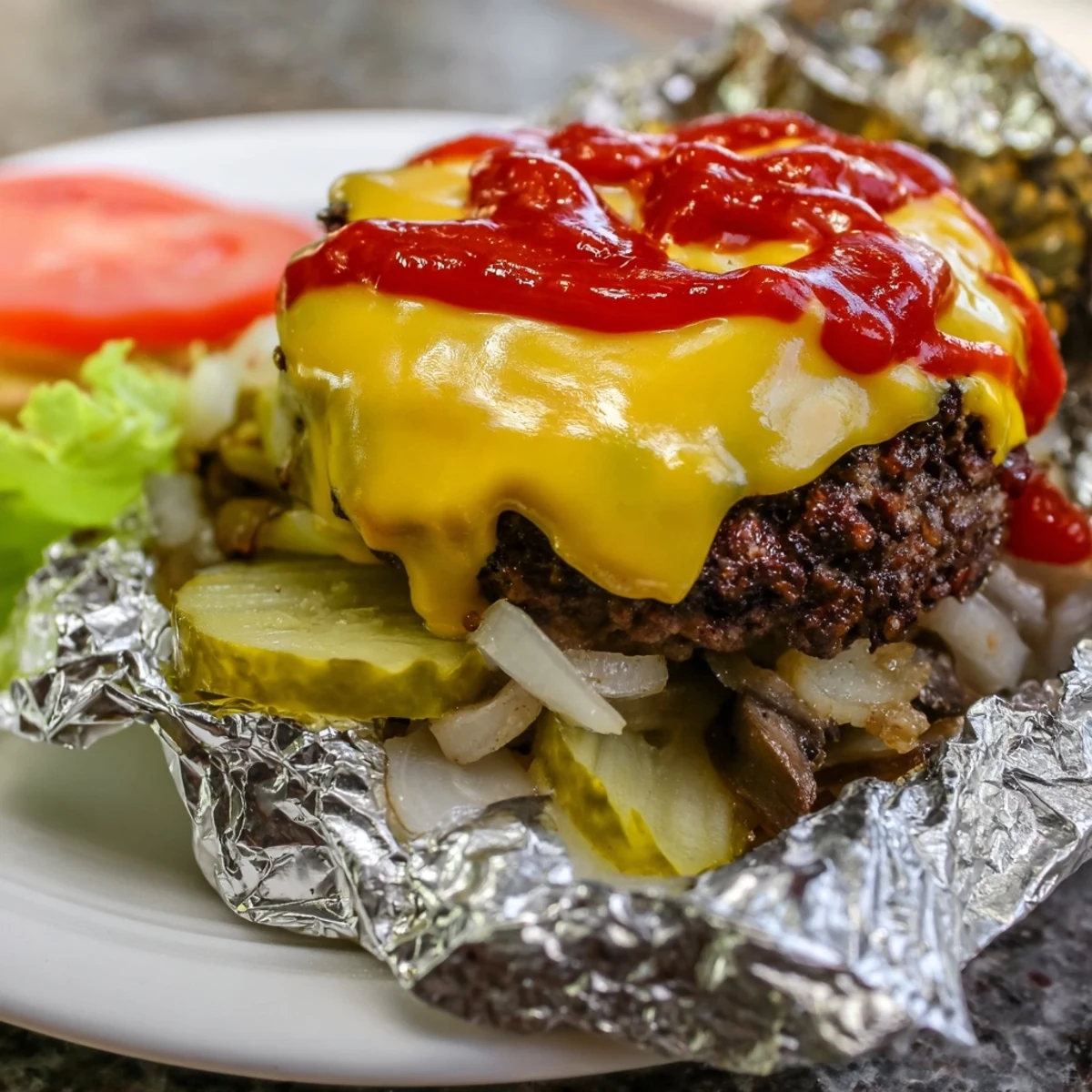 Golden campfire cheeseburger hobo packets with melted cheddar over tender sliced potatoes and peppers