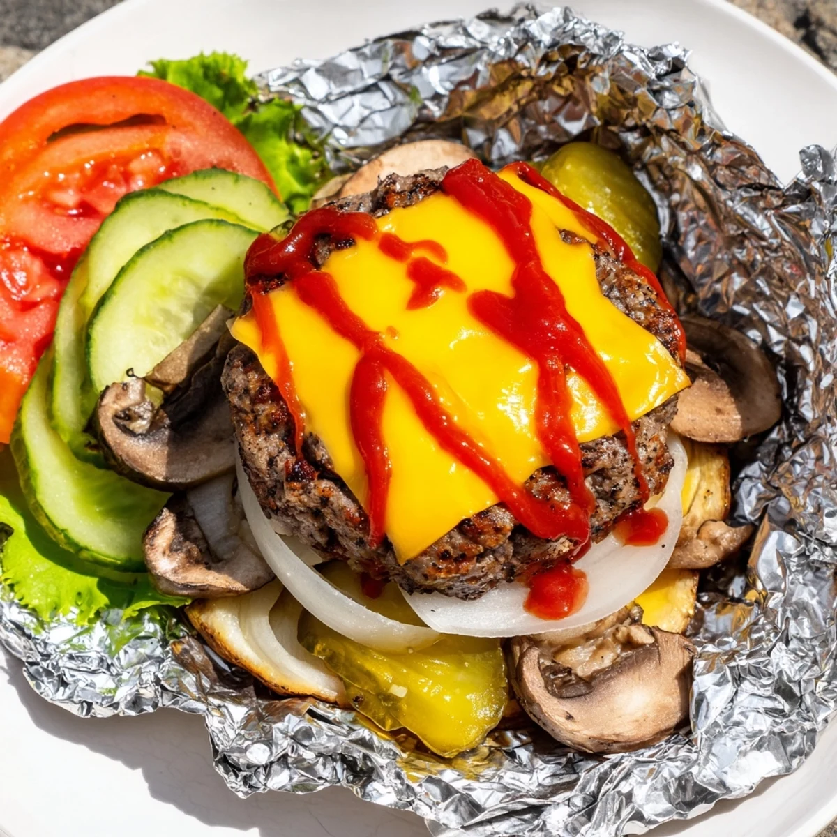 Cheesy campfire cheeseburger hobo packets open to reveal juicy patties and caramelized vegetables inside