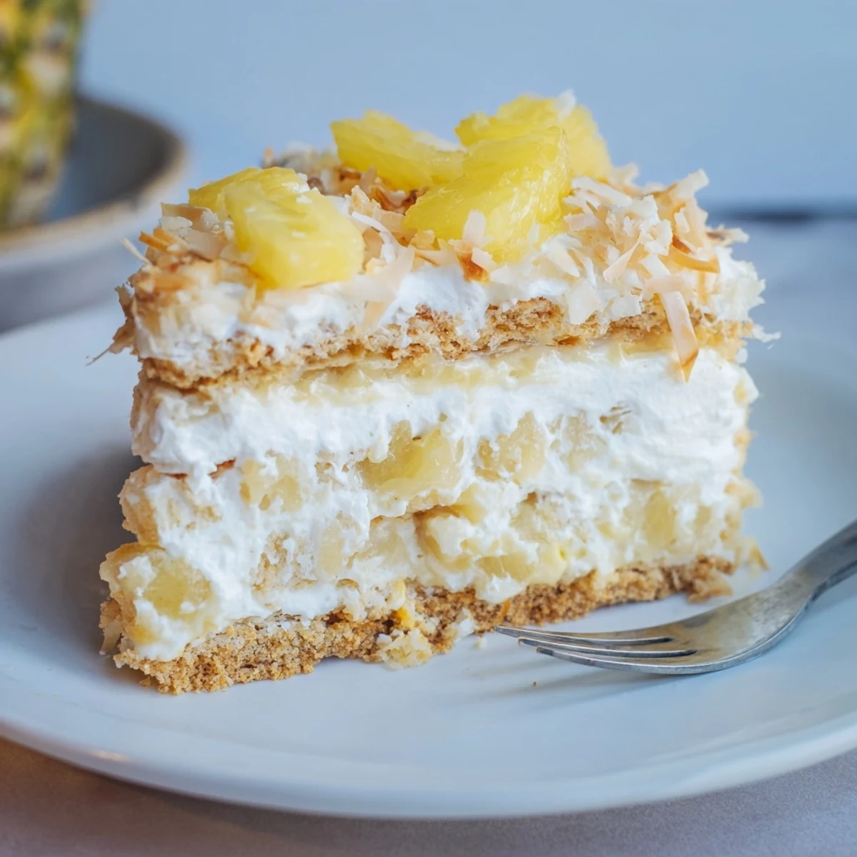 Creamy no bake pineapple coconut cream cake sliced and topped with toasted coconut flakes