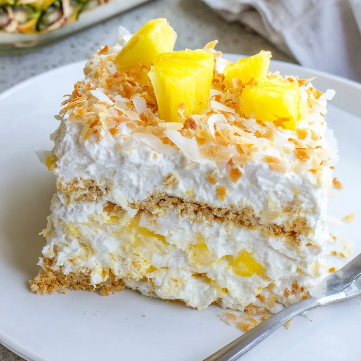 Golden graham crust anchors this no bake pineapple coconut cream cake with fluffy filling