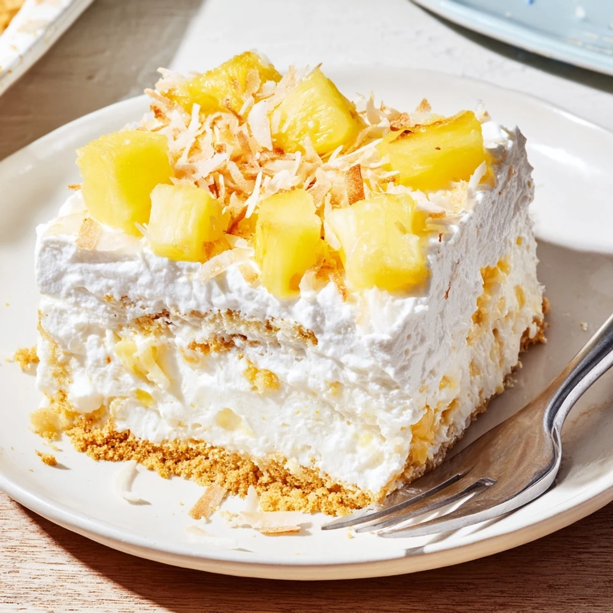 Chilled no bake pineapple coconut cream cake garnished with fresh pineapple and coconut shreds