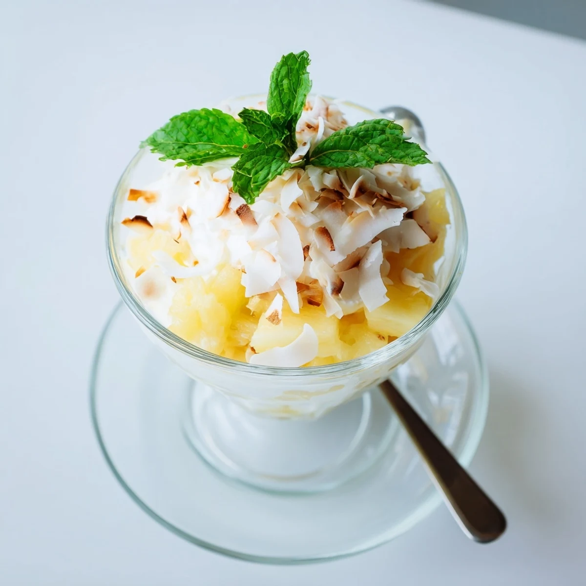 Creamy mini pineapple condensed coconut milk cups topped with golden toasted coconut flakes