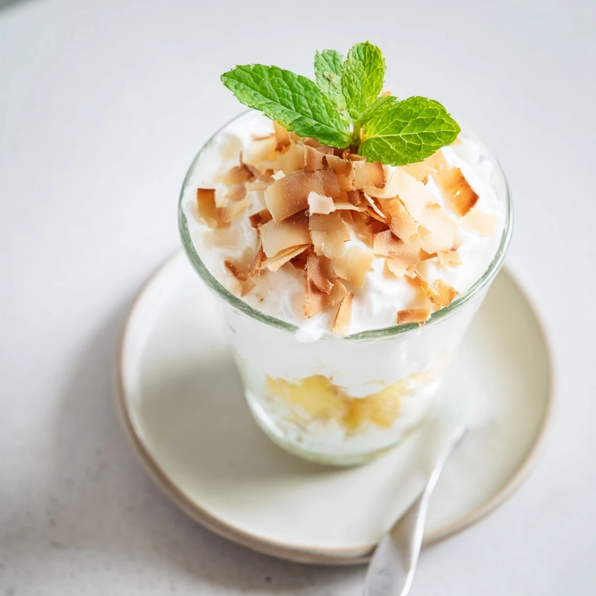 Tropical mini pineapple condensed coconut milk dessert served in elegant glass cups drizzled with sweet cream