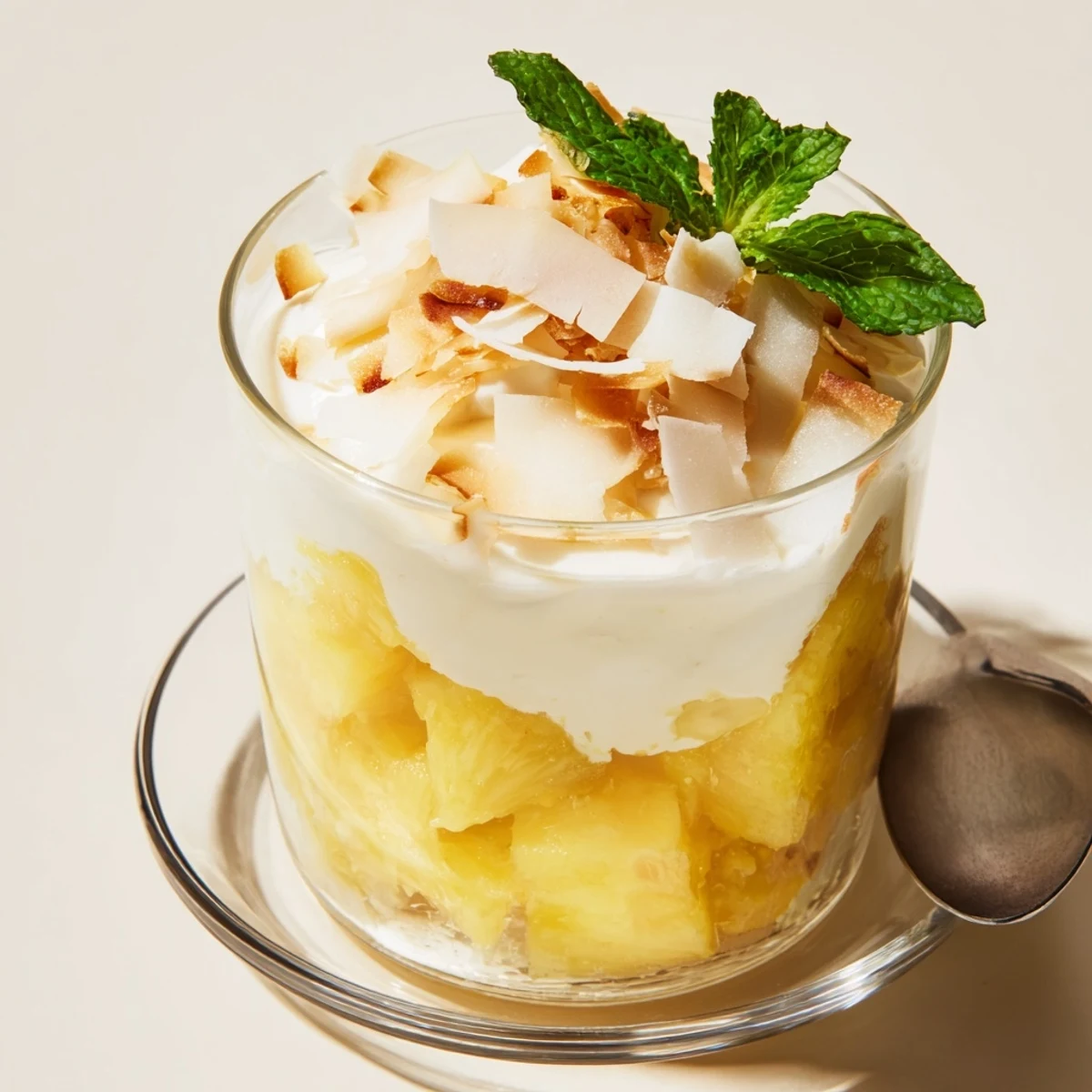 Vivid yellow pineapple chunks swimming in rich mini pineapple condensed coconut milk with fresh mint garnish